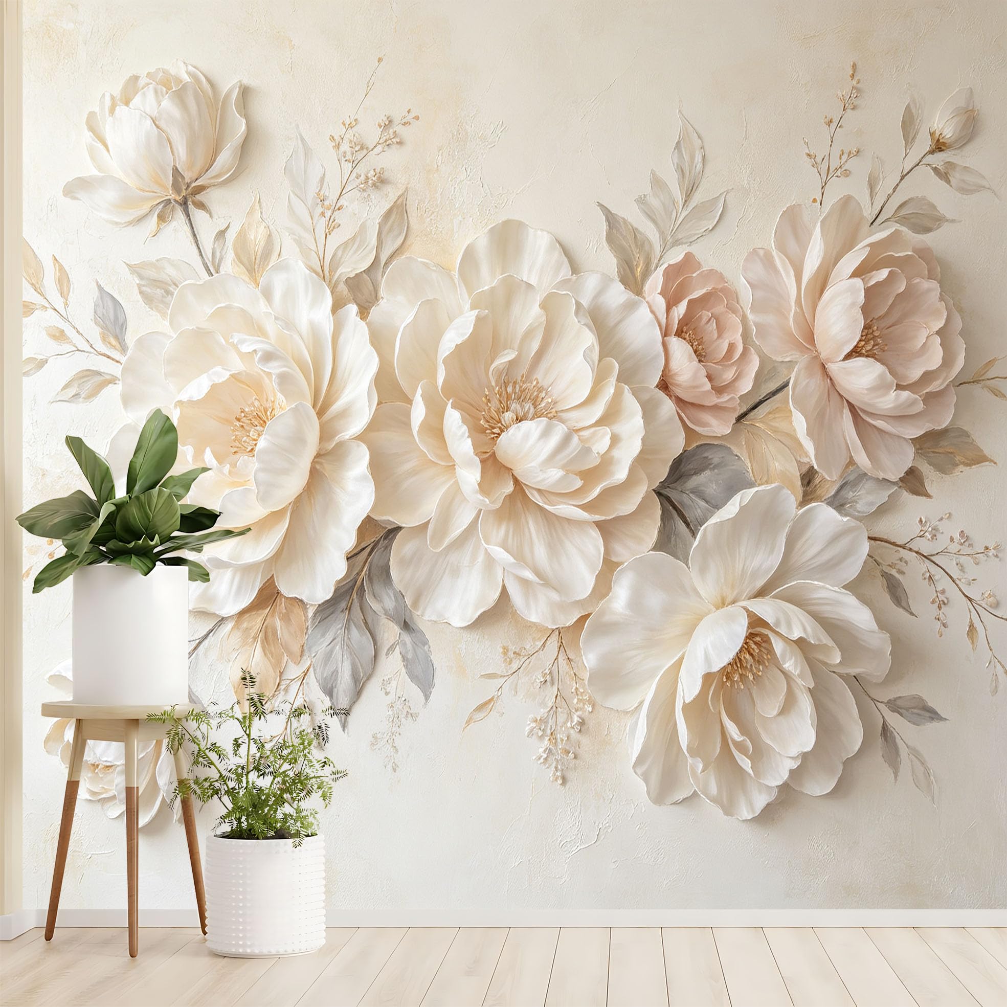 Duża biała piwonia kwiat fototapeta elegancka kwitnąca kwiatowa tapeta z włókniny nowoczesna luksusowa warstwowa płatek botaniczna fototapeta 200 x 140 cm kremowy beżowy cecha ściana do salonu