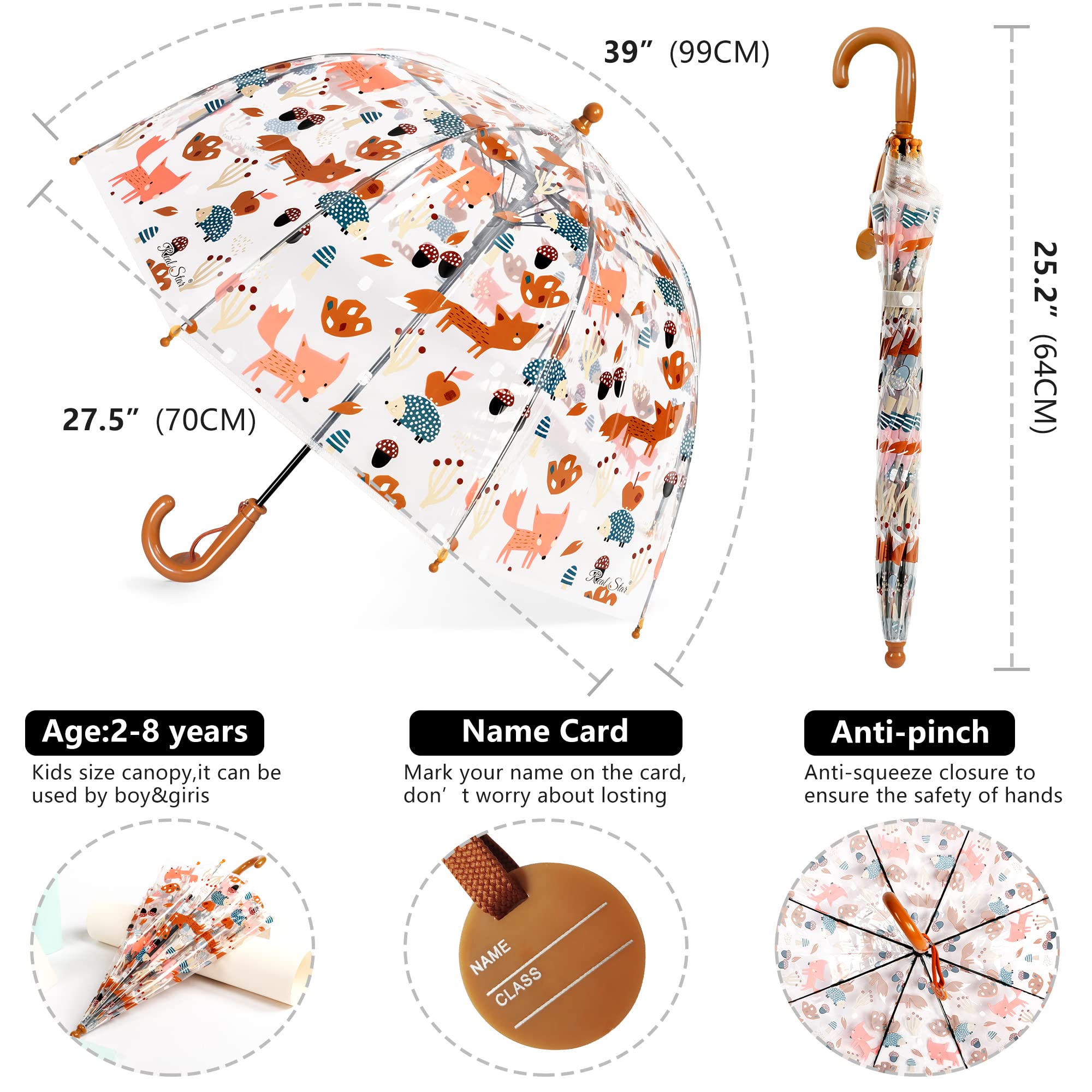 CYBYQ-Family Kids Clear Umbrellas for Rain Dome Bubble Umbrella Windproof for Kids Boys and Girls (Fox-Orange)