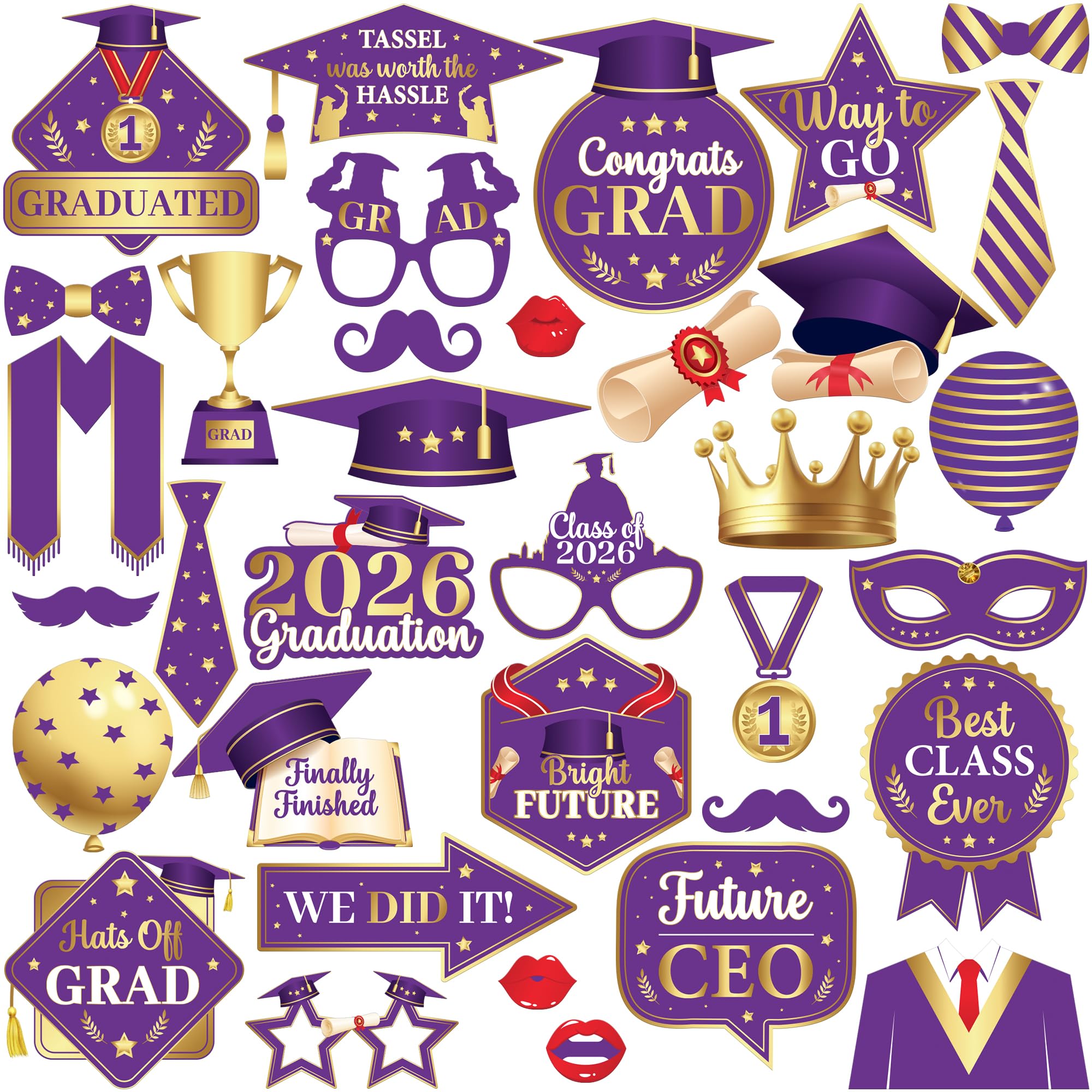 KatchOn, Purple and Gold Graduation Photo Booth Props 2026- Pack of 35 | Grad Photo Props Class of 2026, Graduation Decorations 2026 | Grad Photo