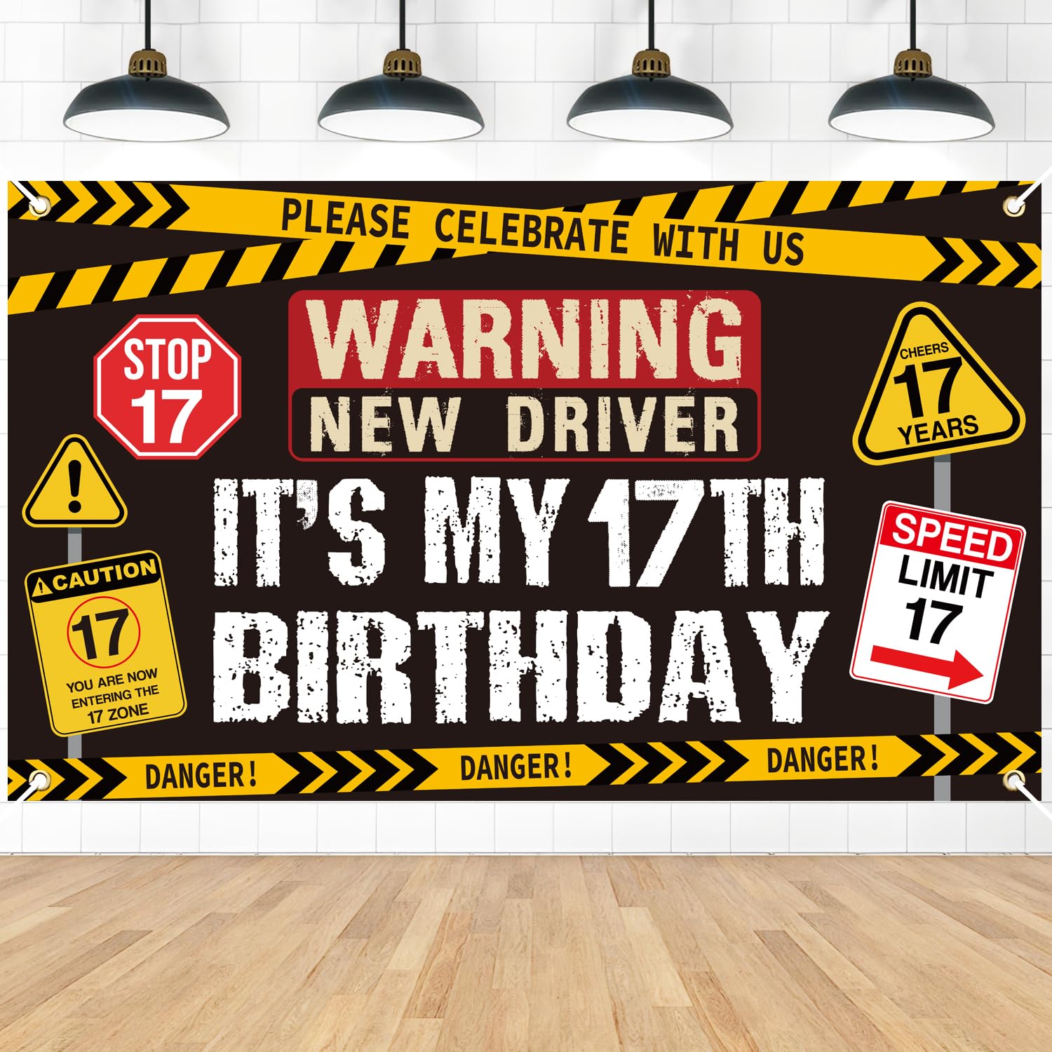 Eiapadeor 17th Birthday Decorations Banner Backdrop, Warning Signs Banner