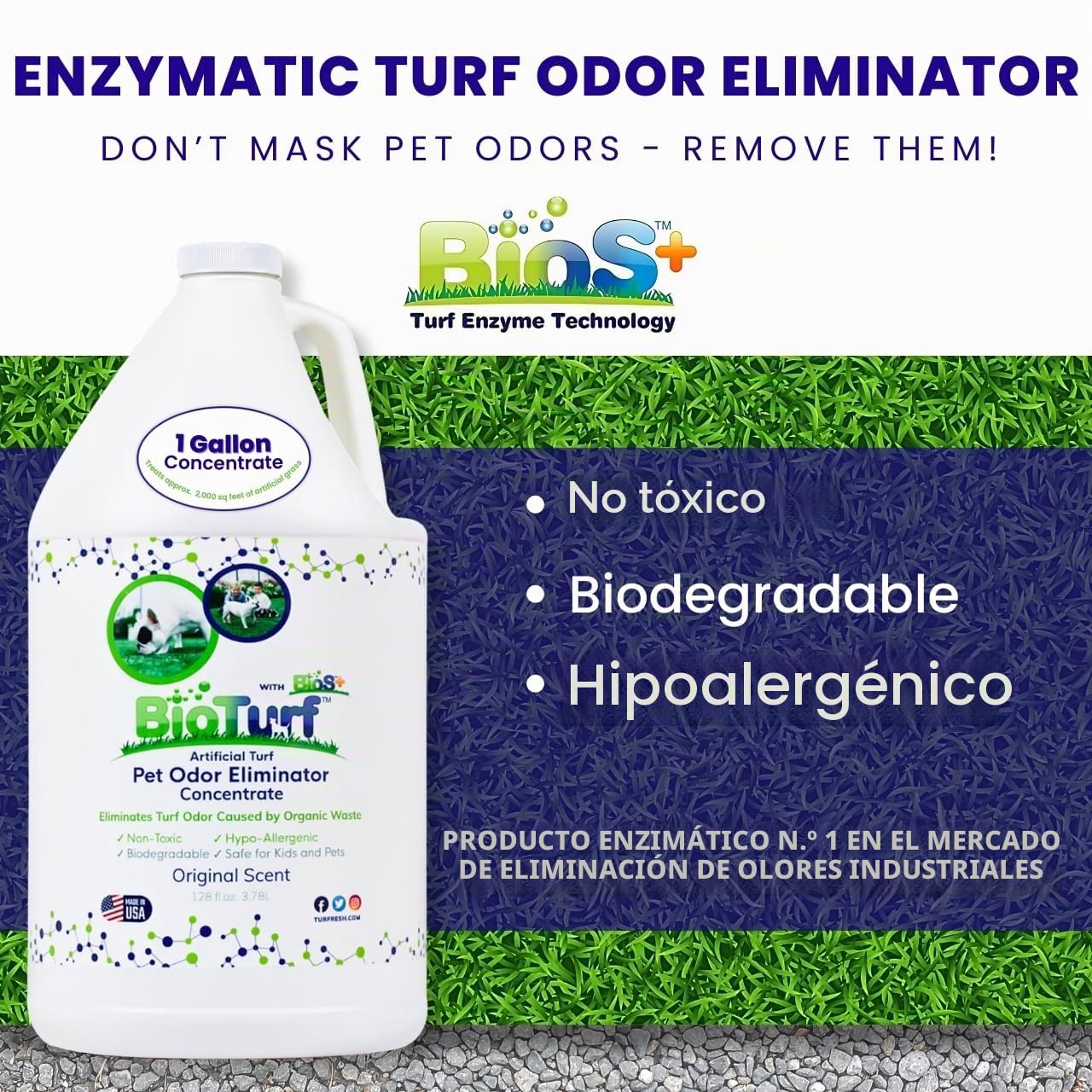 BioTurf BioS+ Kit limpiador de césped para orina de mascotas al aire libre – Limpiador de césped artificial concentrado desodorante para orina de perro y heces – Eliminador de olores enzimáticos de