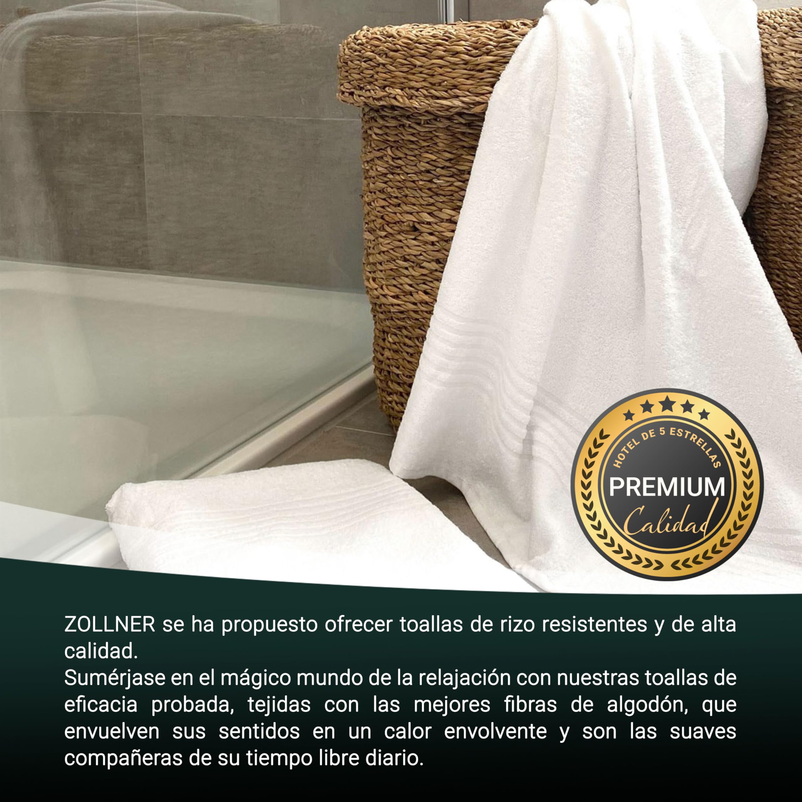 ZOLLNER Juego de 5 Toallas de Ducha en 70x140 cm - Toallas Muy absorbentes en Blanco - con práctica Percha - con Elegante Borde a Rayas - Lavable hasta 95°C - algodón - Calidad hotelera