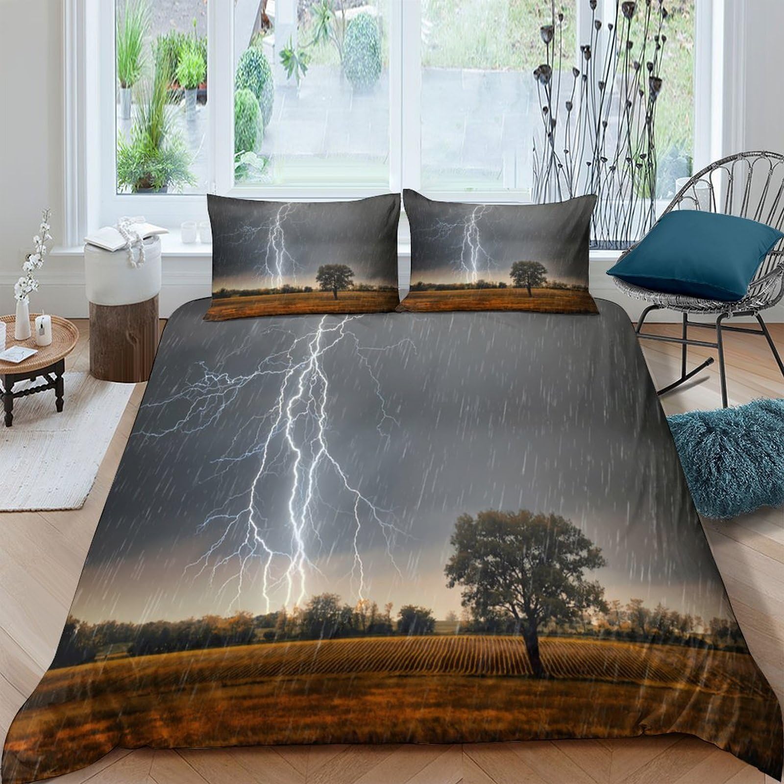Ctjqhvkz Style-8 3D Printed Thunderstorm Lightning Fitted Sheet Microfiber Soft Anti-Slip Tree Landscape Mattress Cover Bedroom Decor Single（135X200cm）