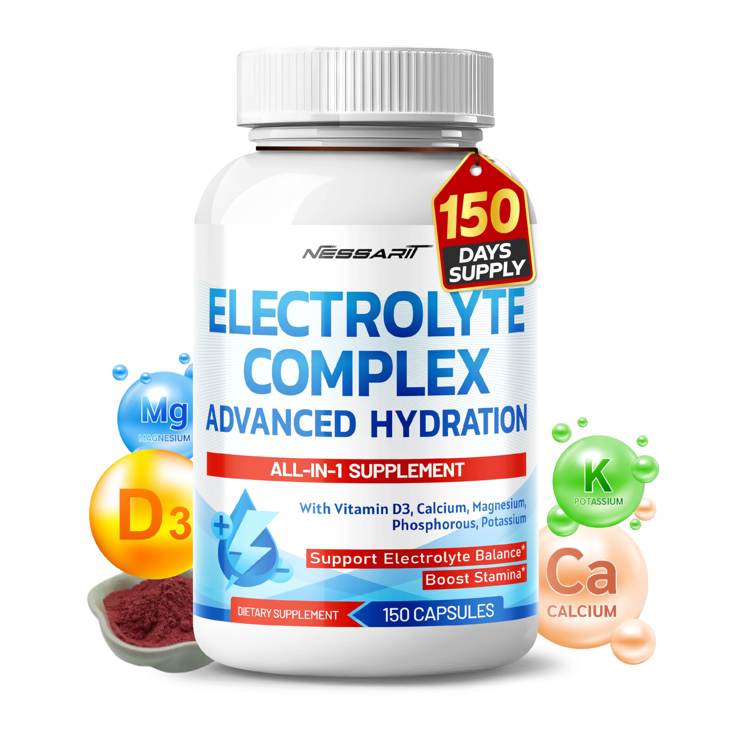 Electrolyte Complex - Advanced Hydration with Vitamin D3, Calcium, Magnesium, Phosphorus, Potassium - 150 Count - Made & Tested in The USA