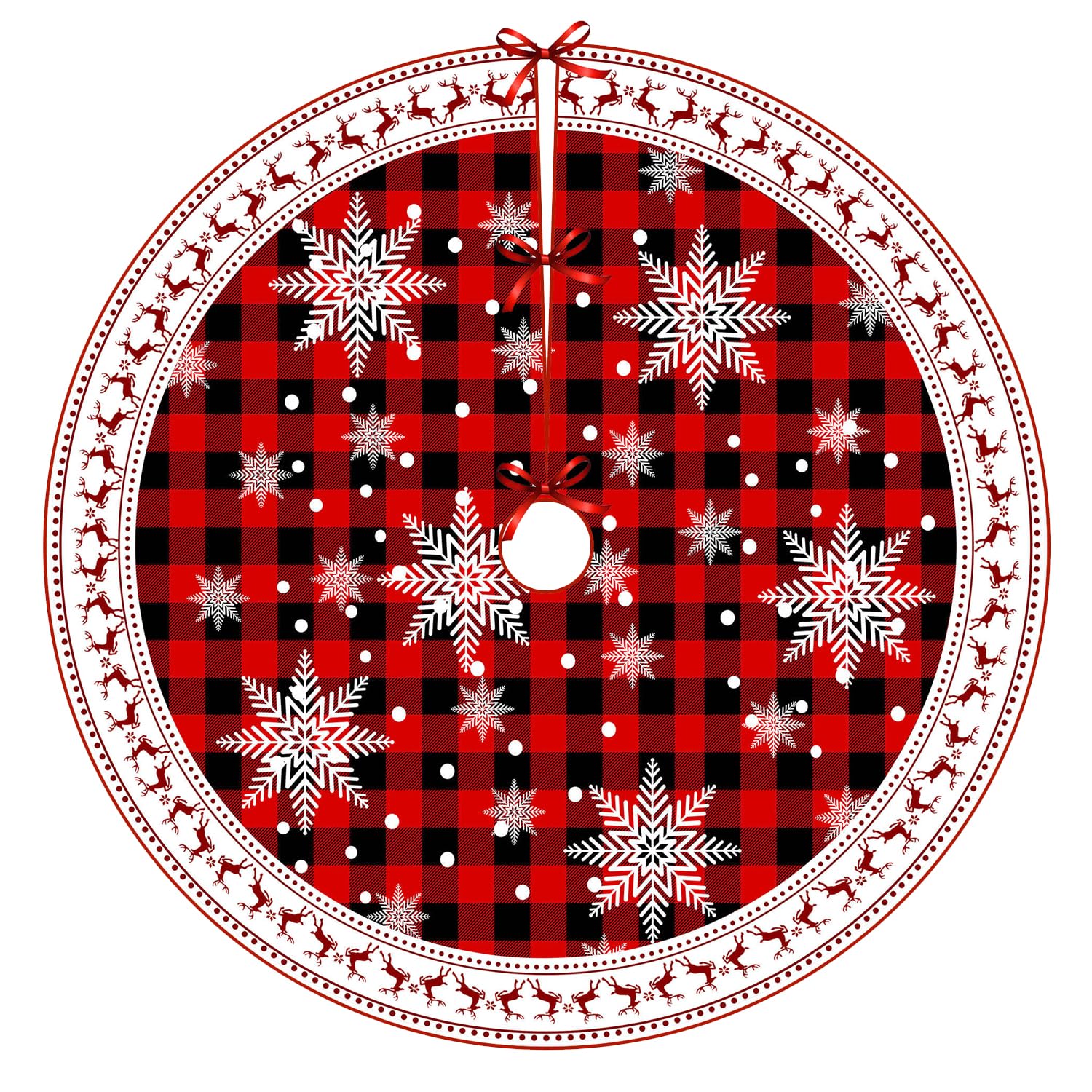 ARTXZDZ Christmas Tree Skirt 60 inch - White Snowflake Xmas Tree Ornaments - Soft Plush Red and Black Plaid Tree Skirt - Perfect Holiday Decor for Festive Celebrations