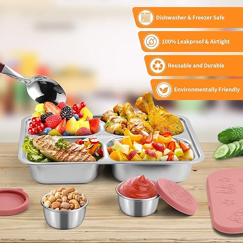 Miniatura 4 de Caja Bento de acero inoxidable con 2 tazas de salsa, 4 compartimentos de alta calidad, lonchera de metal para niños o adultos (rosa)