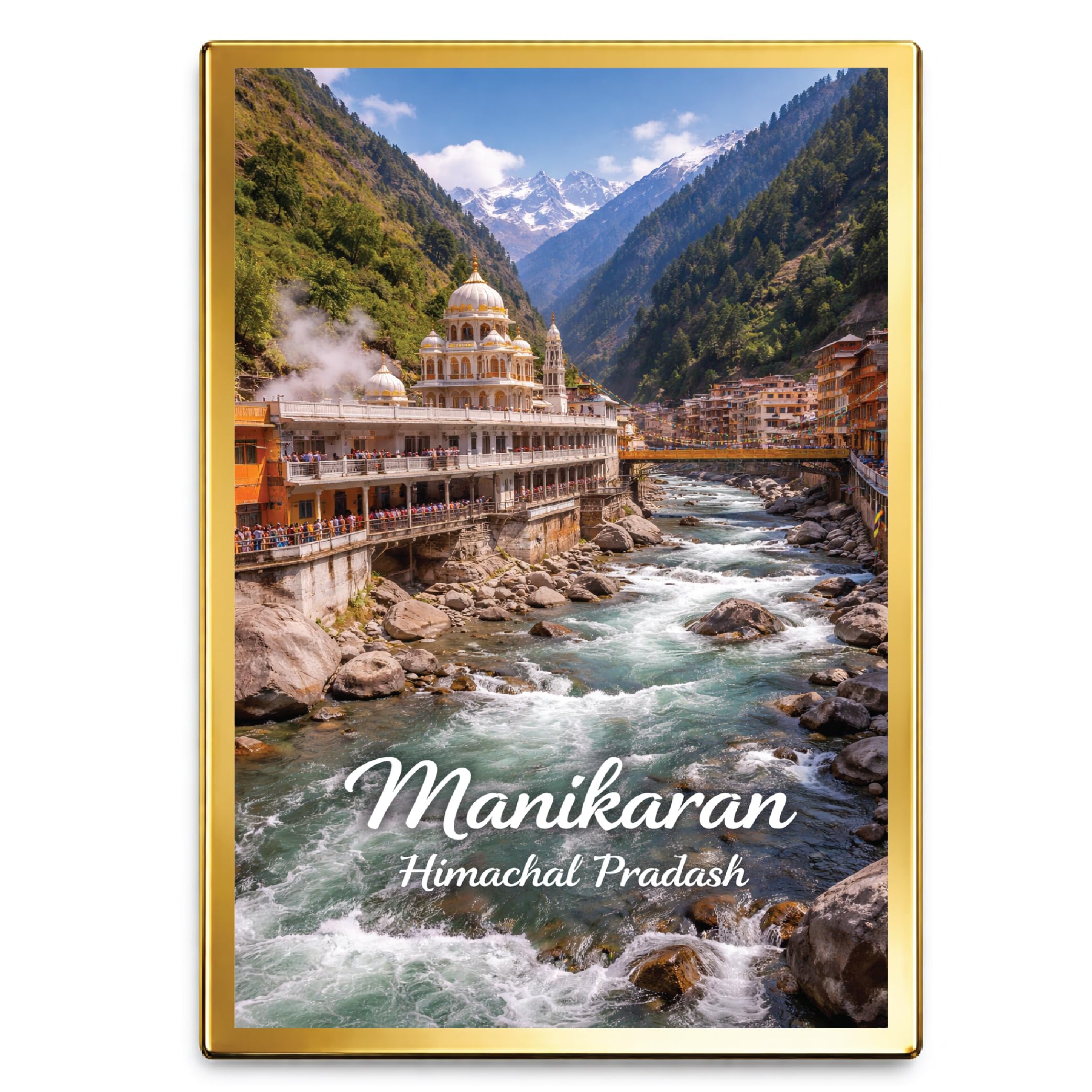 Decorative Plastic Fridge Magnet | Rectangle 3x2 inch Size with Golden Border for Home & Office (Pack of 1 Pcs, Manikaran Himachal Pradesh)-image-16