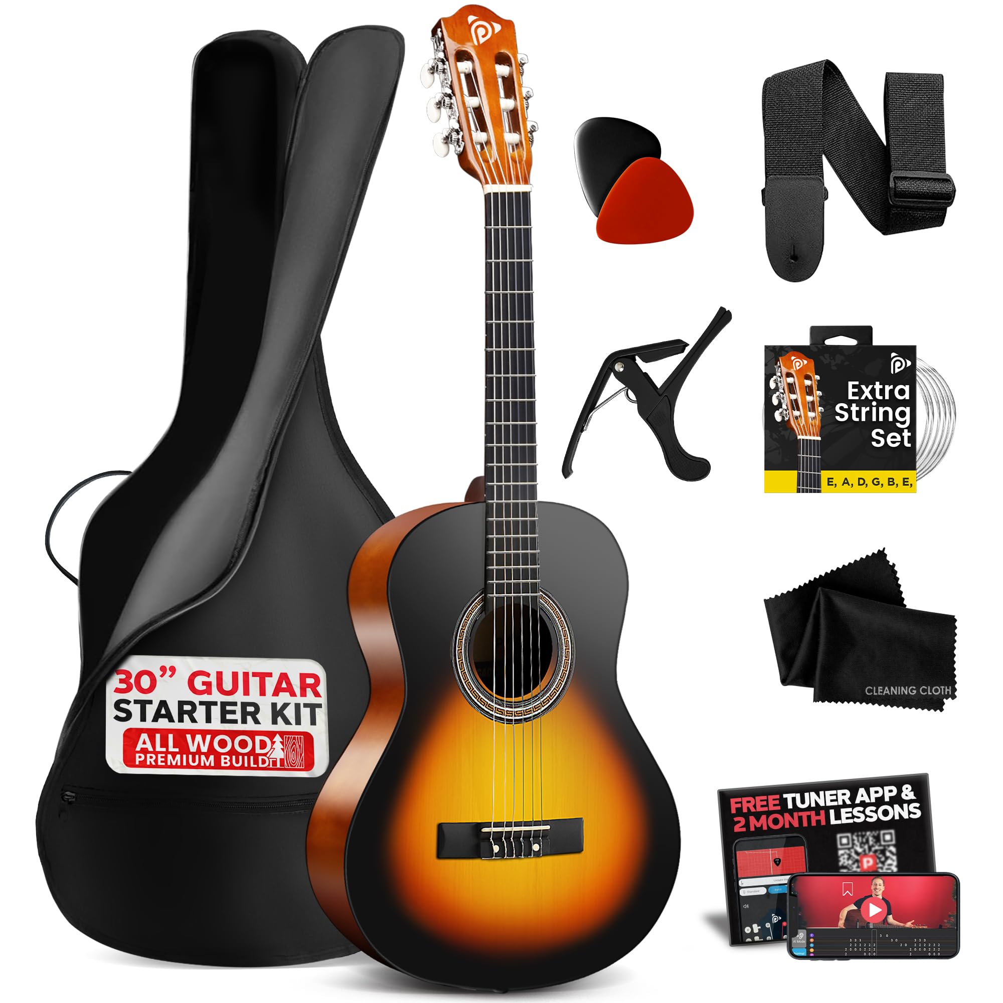 Pyle Beginner Acoustic Guitar Kit, 1/4 Junior Size All Wood Build Nylon Stringed Instrument with Capo, Strap, Extra String Set, Gig Bag, Guitars for Beginners Adults Youth, 30" Sunburst Teardrop Gloss