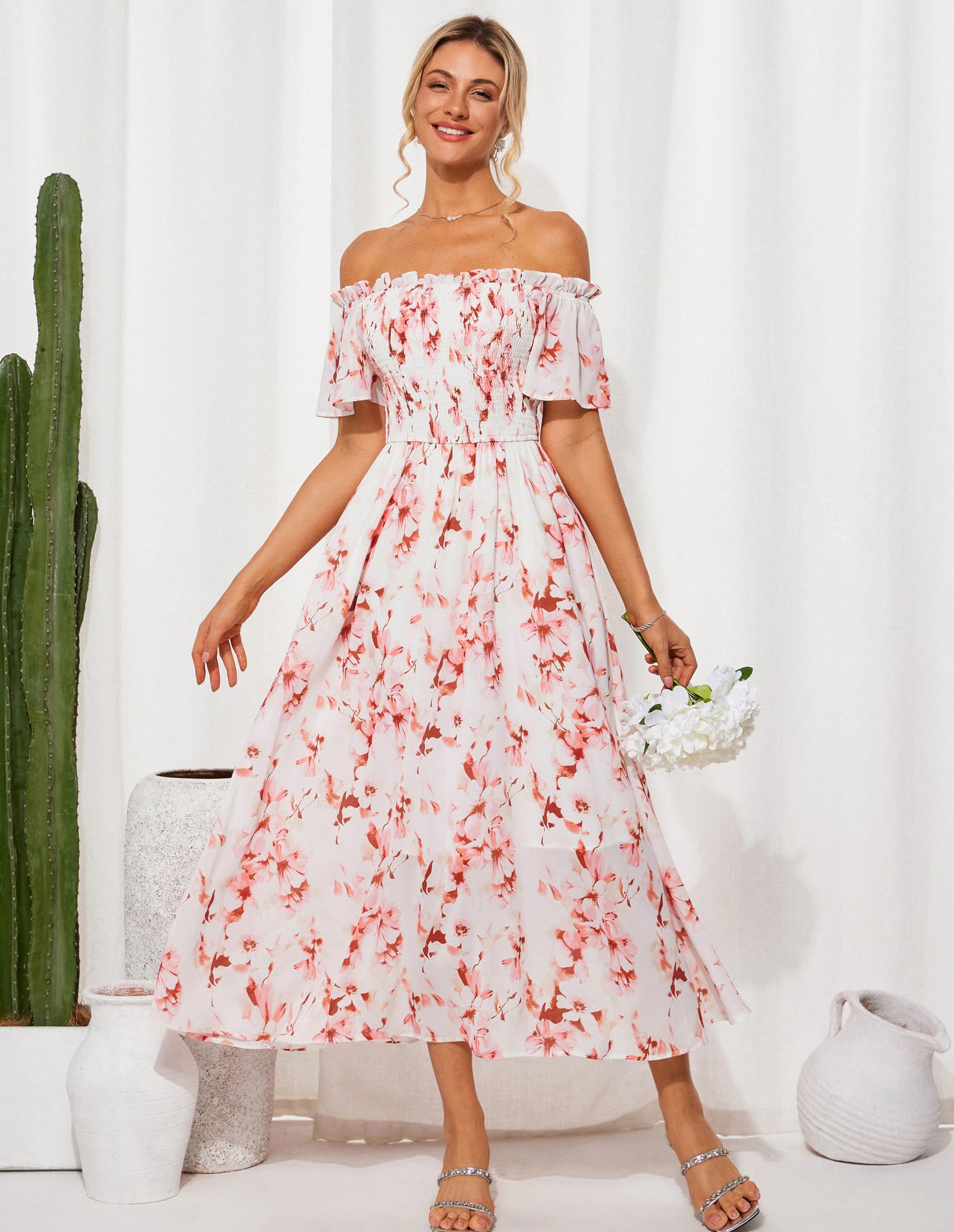 GRACE KARIN Damen Kleider Schulterfreies Blumen Hochzeitskleid mit Tasche