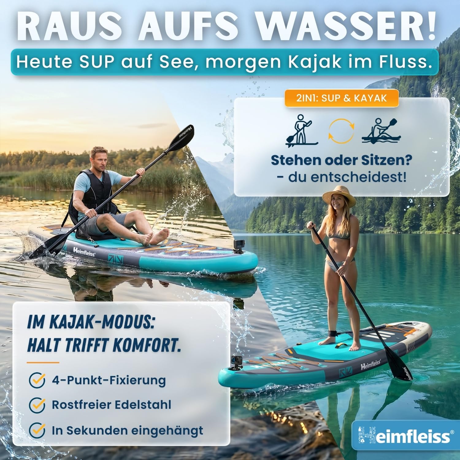 Heimfleiss® SUP Board aufblasbar | Stand Up Paddling Board Komplettset mit Sitz & Kajak-Funktion | Drop-Stitch PVC 320 x 81 x 15 cm bis 200 kg | Standup Paddle Board für Anfänger, Familie & Touren