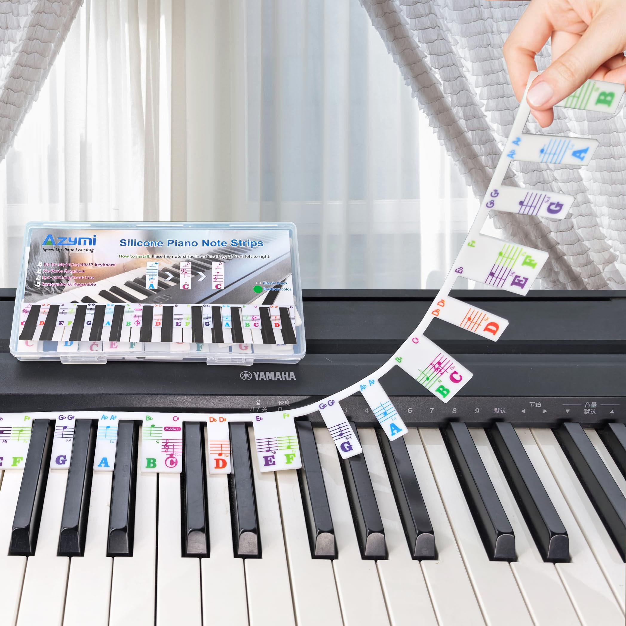 Silicone Piano Key Labels, Azymi Piano Note Guide 88-Key Full Size, Reusable Keyboard Notes Overlay Strips for Beginners with Multi-Color Large Bold Letter