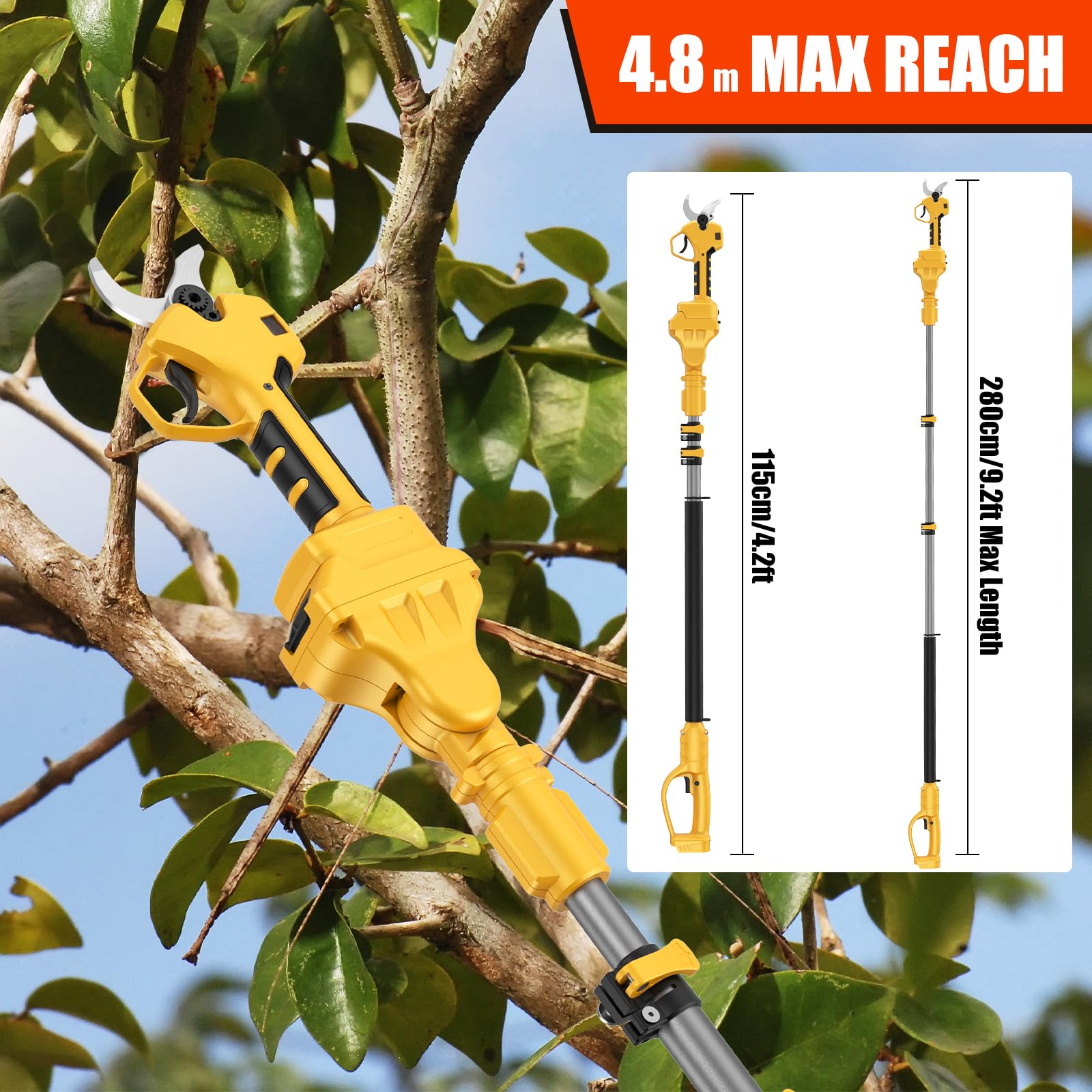 Tijeras de Podar Electricas, Con Mástil Telescópico de 250cm, Apertura de 50mm, 2*2000mAh Batería Tamaños de Apertura con Monitor, Tijeras de Podar con 1000W Motor Brushless para Jardinería,Frutales