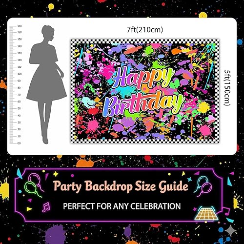 Miniatura 6 de Lofaris Fondo de feliz cumpleaños para fiesta que brilla en la oscuridad, fondo de fotografía de graffiti con salpicaduras de neón, suministros de