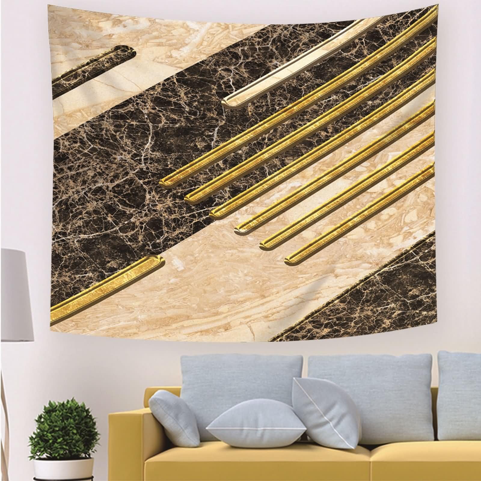 Homxi Wandteppich 260 x 240 CM,Polyester Tapestry Wand Tuch Marmormuster Wandtücher Decor Khaki Schwarz Gold