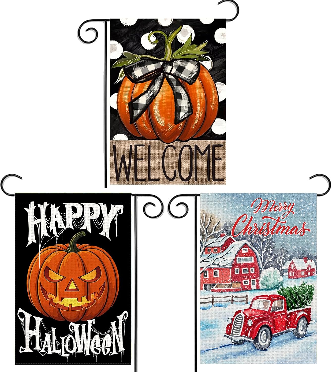 Doncida Fall Garden Flag Halloween Christmas Garden Flag 3 Pack 12x18 Double Sided Burlap Pumpkin Thanksgiving Welcome Holiday Small Yard Flag for Outside Decoration