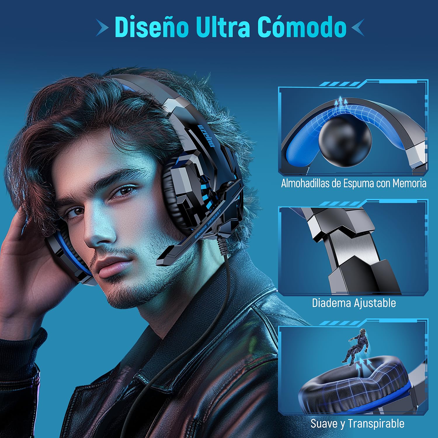 Ozeino Cascos Gaming para Ps4 Ps5 PC Switch Xbox, Auriculares Gaming con Sonido 3D Estéreo Micrófono de Cancelación de Ruido Luz RGB, Cascos con Cable para Laptop Teléfono Mac