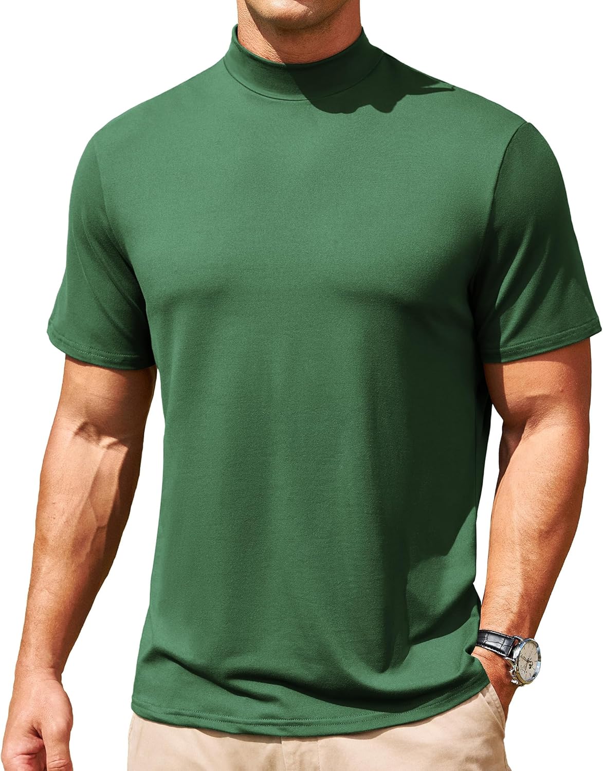 Men's Mock Turtleneck Short Sleeve Soft Lightweight Casual Basic T-Shirts Solid Pullover Tops