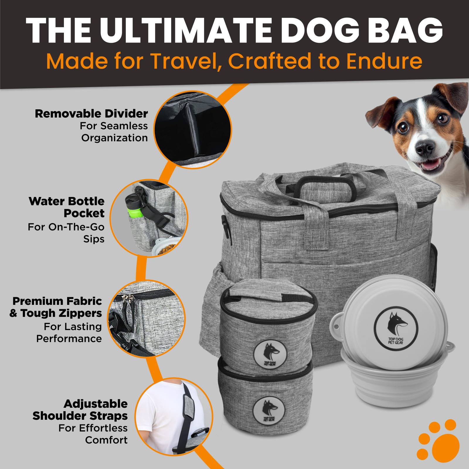 Bolsa de viaje gris para perros, incluye bolsa de viaje, cuencos de viaje para perros, almacenamiento de alimentos, bolsas para perros aprobadas por aerolíneas para viajes, accesorios