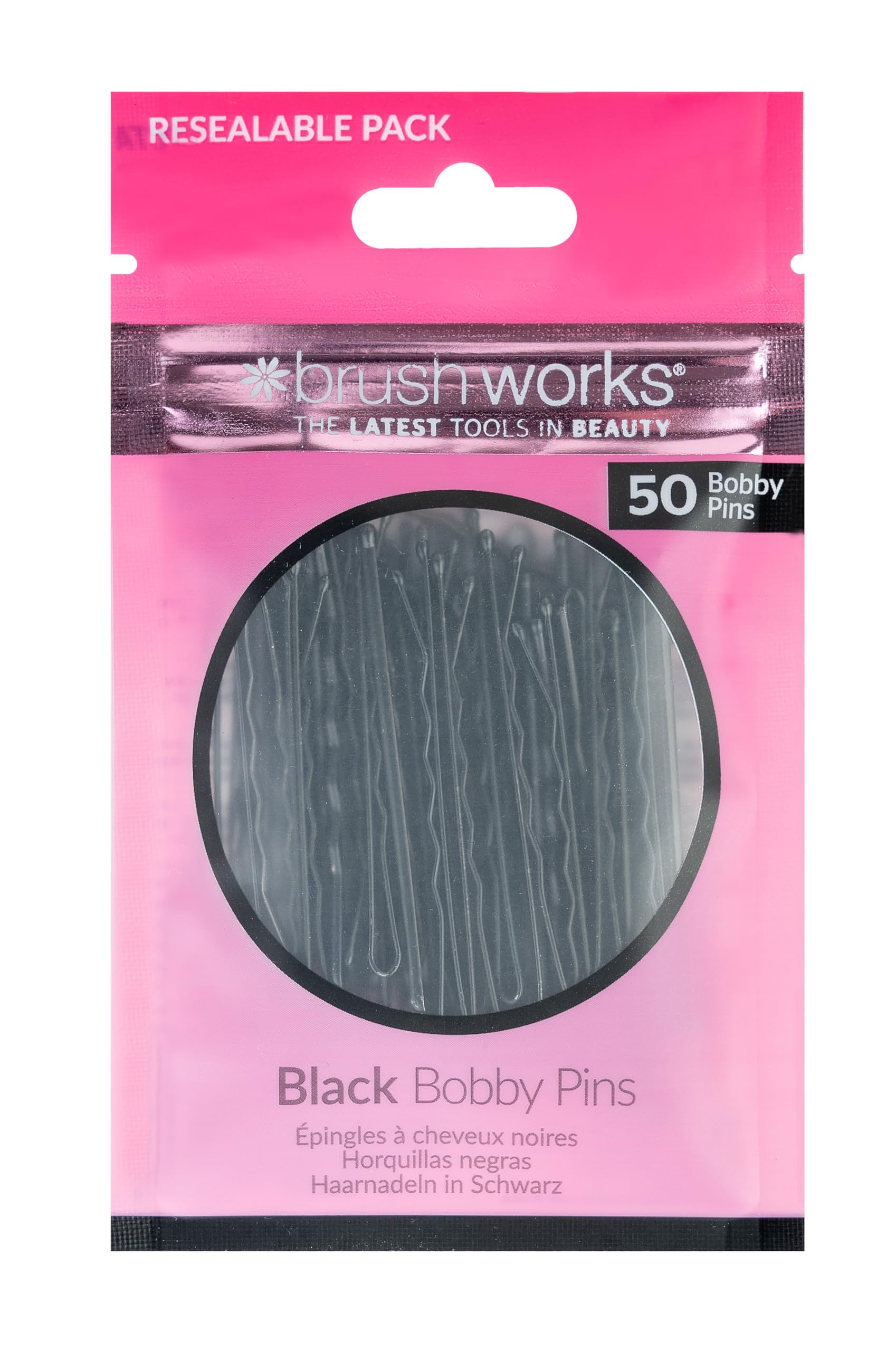 Brushworks Black Bobby Pins 50-Pack - Sleek Hair Pins for Secure Hold, Hair Grips with Resealable Pack for Thick, Thin, Long, Short Hair, Hair Clips for Updos, Weddings, Sectioning, Everyday Styling