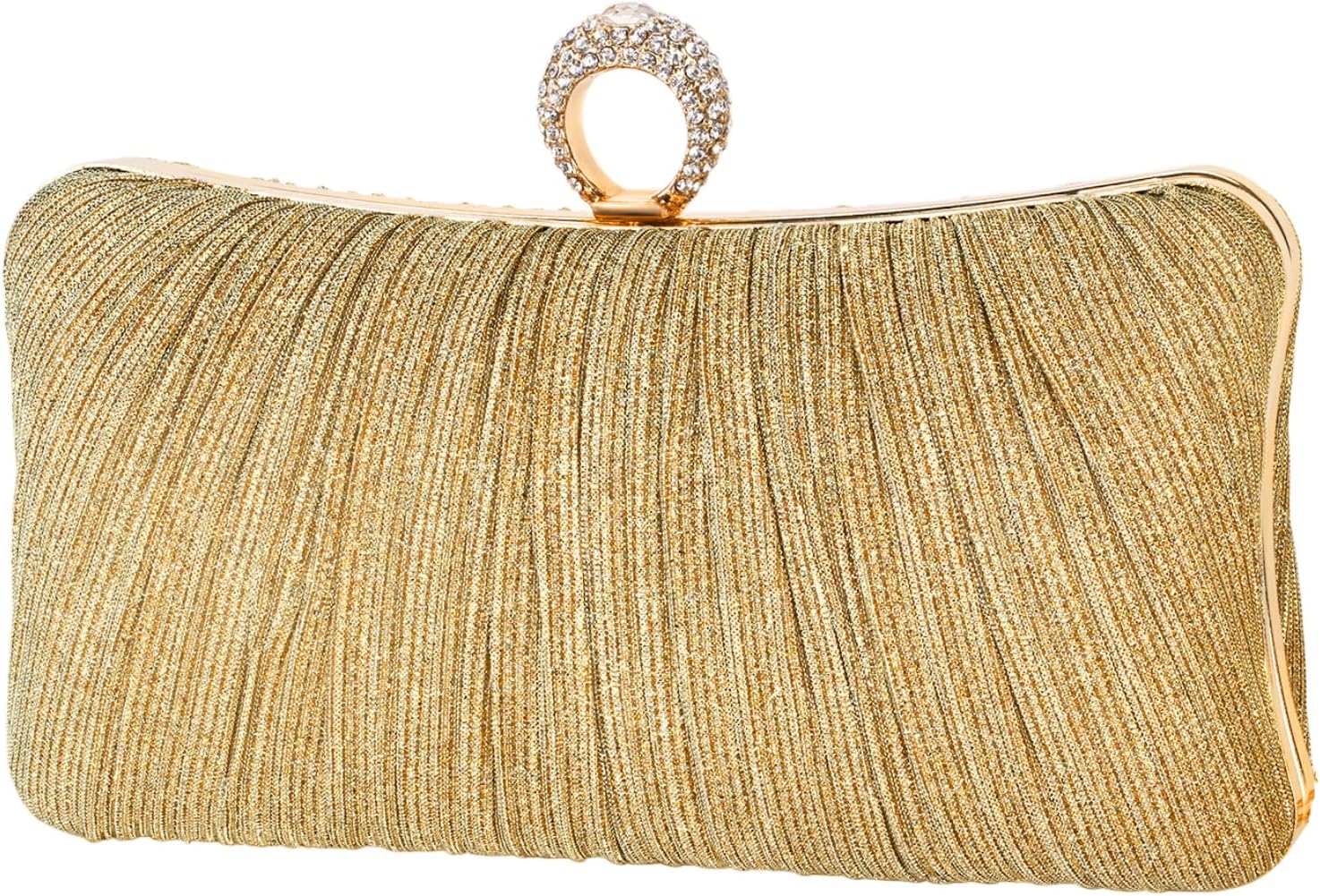 Womens Golden Glitter Clutch Purse Pleated Evening Bag for Bridal Wedding Party with Rhinestone Ring