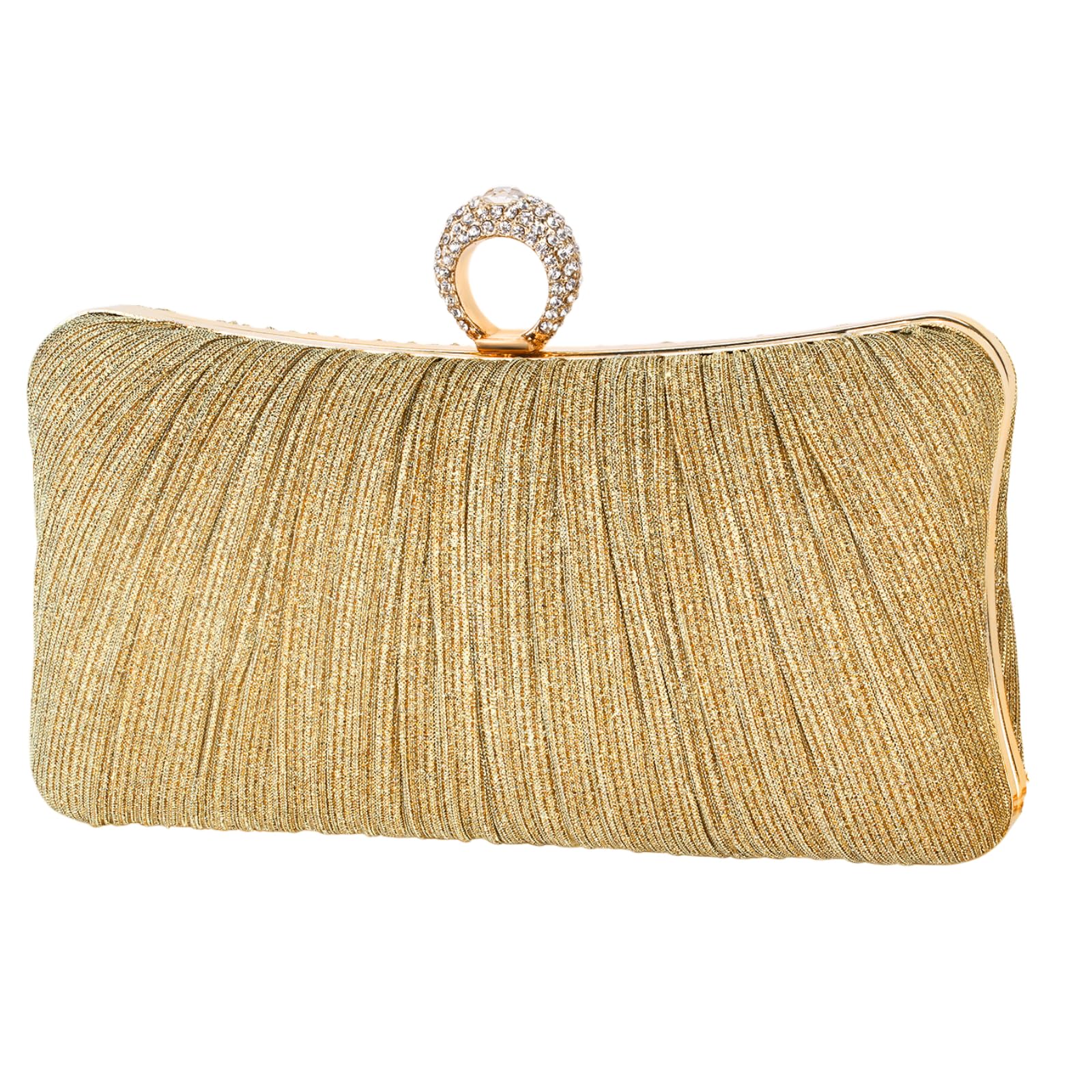 Womens Golden Glitter Clutch Purse Pleated Evening Bag for Bridal Wedding Party with Rhinestone Ring