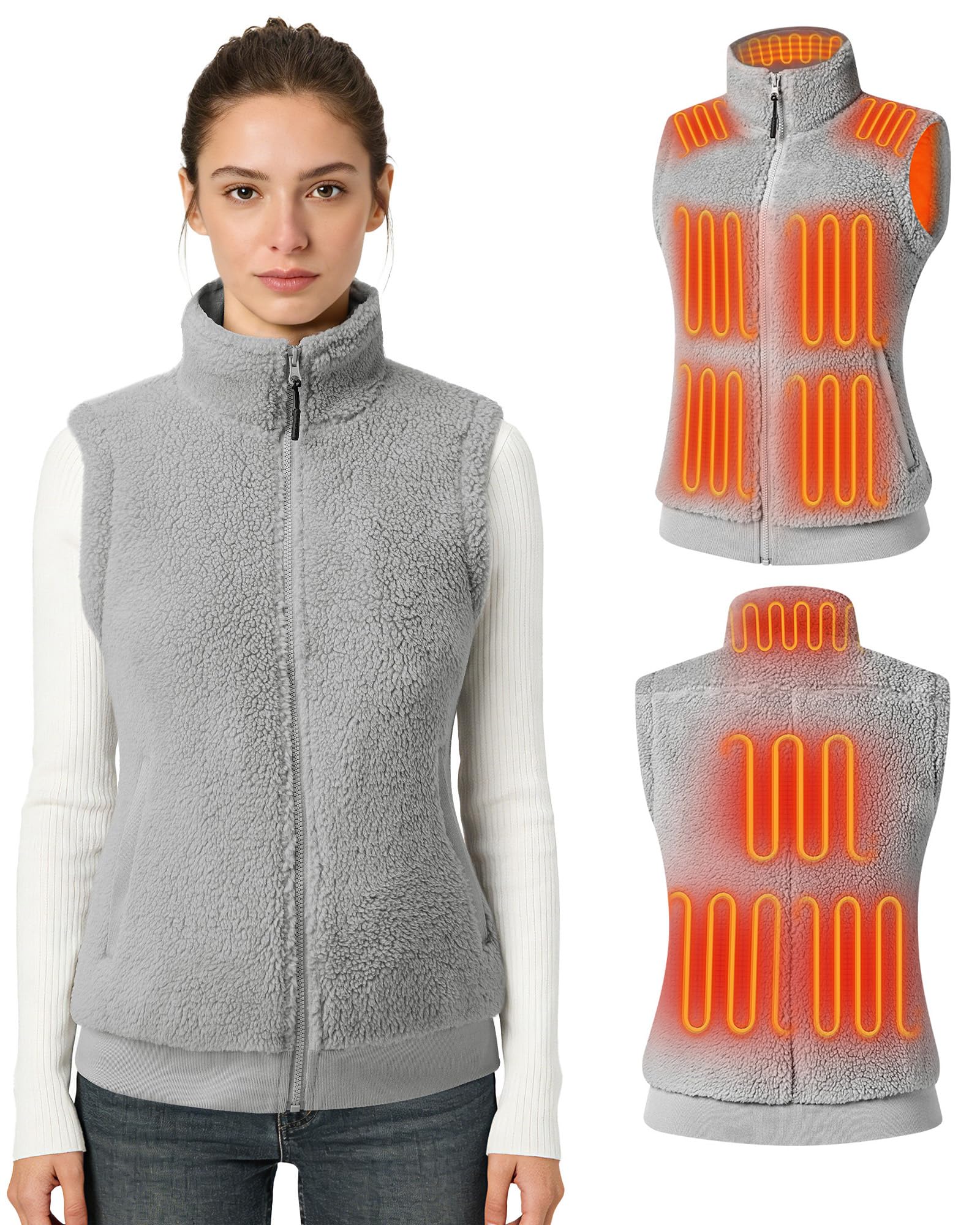 Topdot Fleece Heizweste Damen mit Powerbank 7.4V 16000mAh, 10 Heizzonen | Leicht Beheizbare Weste mit 3 Temperaturstufen, Geschenk für Radfahren, Camping, Outdoor-Arbeit im Winter, grau S