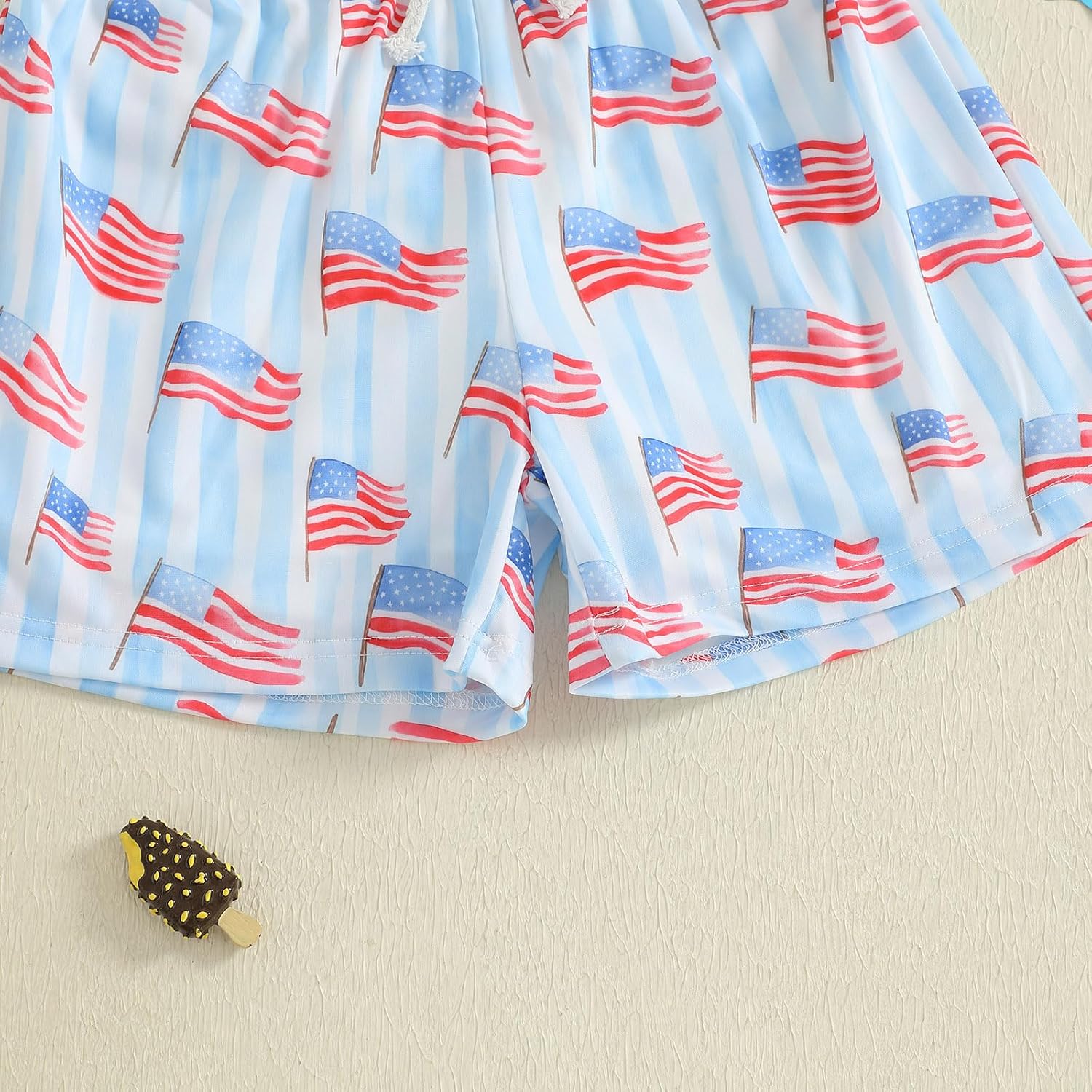 Twopumpkin 4th Fourth of July Toddler Baby Boy Outfit USA Trunk Red White and Bule Striped Compression Liner Shorts Swimsuit