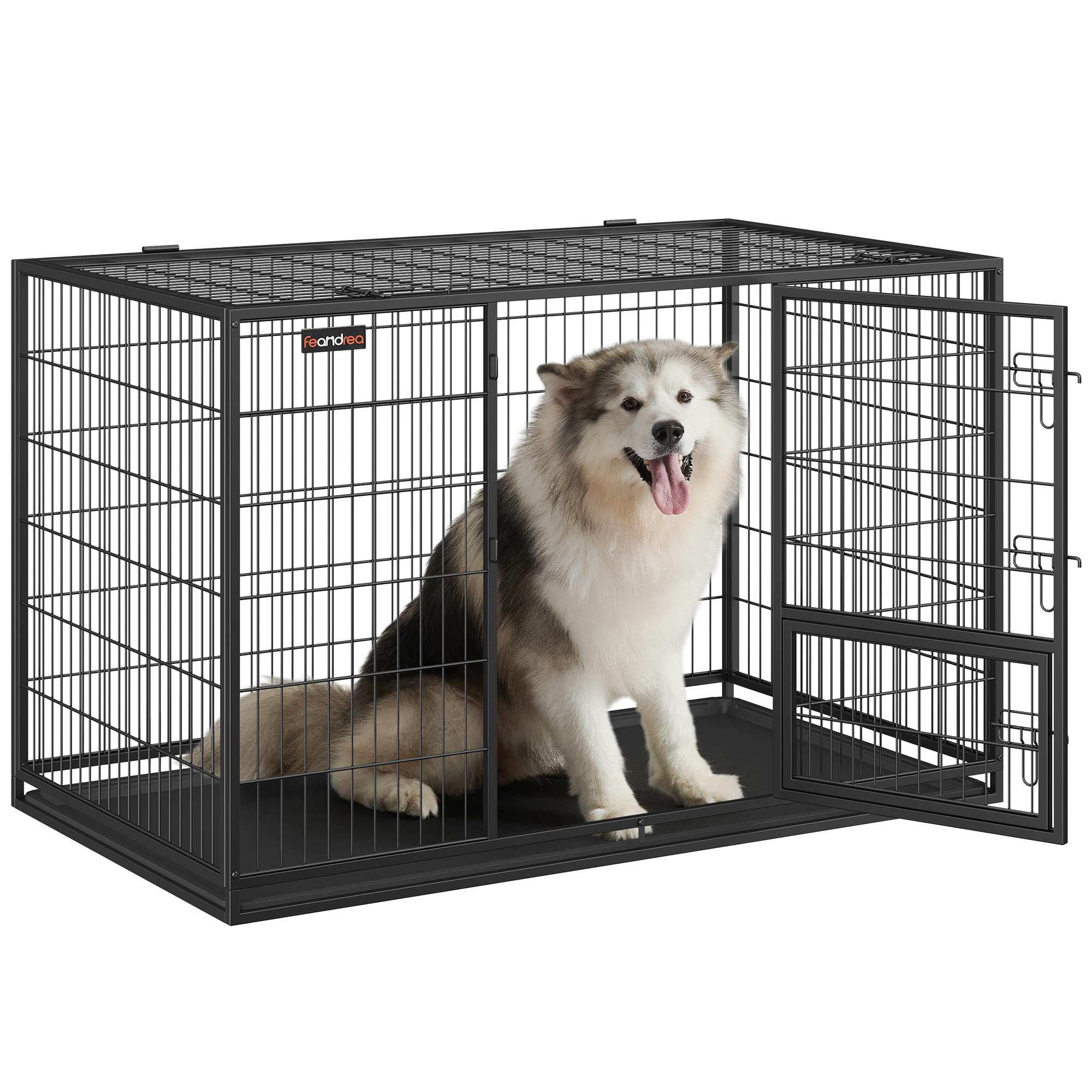 Feandrea Haustierkäfig hochbelastbar, Gitterbox, transportabel, 139 x 79 x 87 cm, für mittelgroße, große Tiere, sicher, 2 abnehmbare Türen, XXXL, tintenschwarz PPD004B01