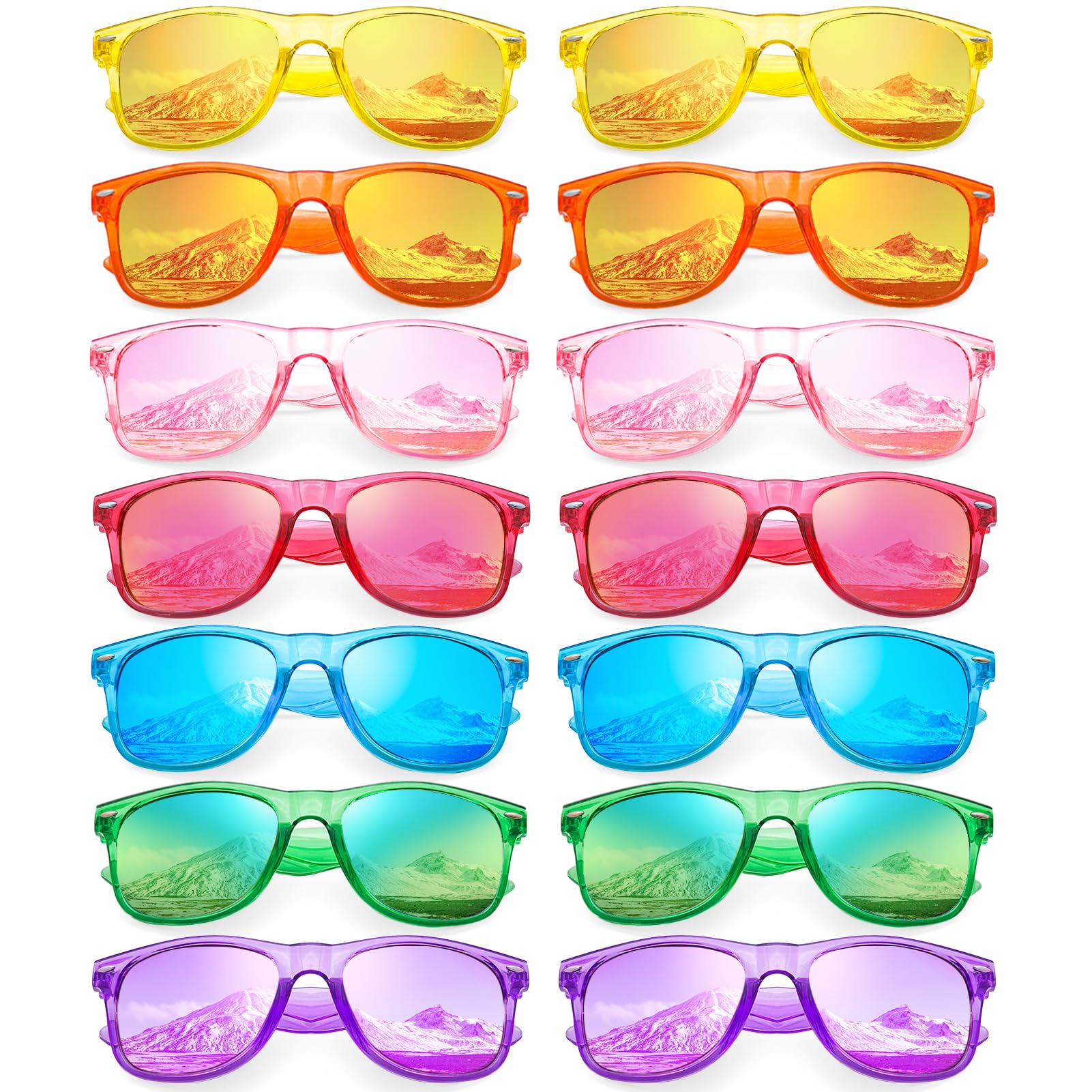 Pibupibu 14 Pack Wholesale Neon Sunglasses Bulk, Retro 80s Mirrored Lens Adult Sunglasses Party Favors