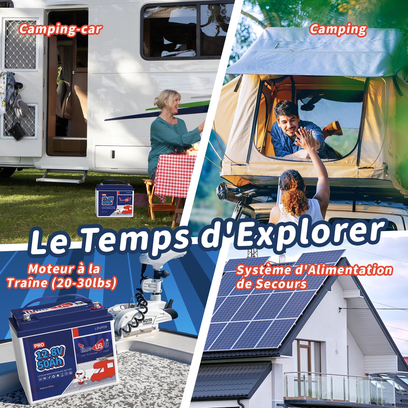 Timeusb Batterie Lithium 12V 50Ah avec 50A BMS pour Camping-Cars Bateaux