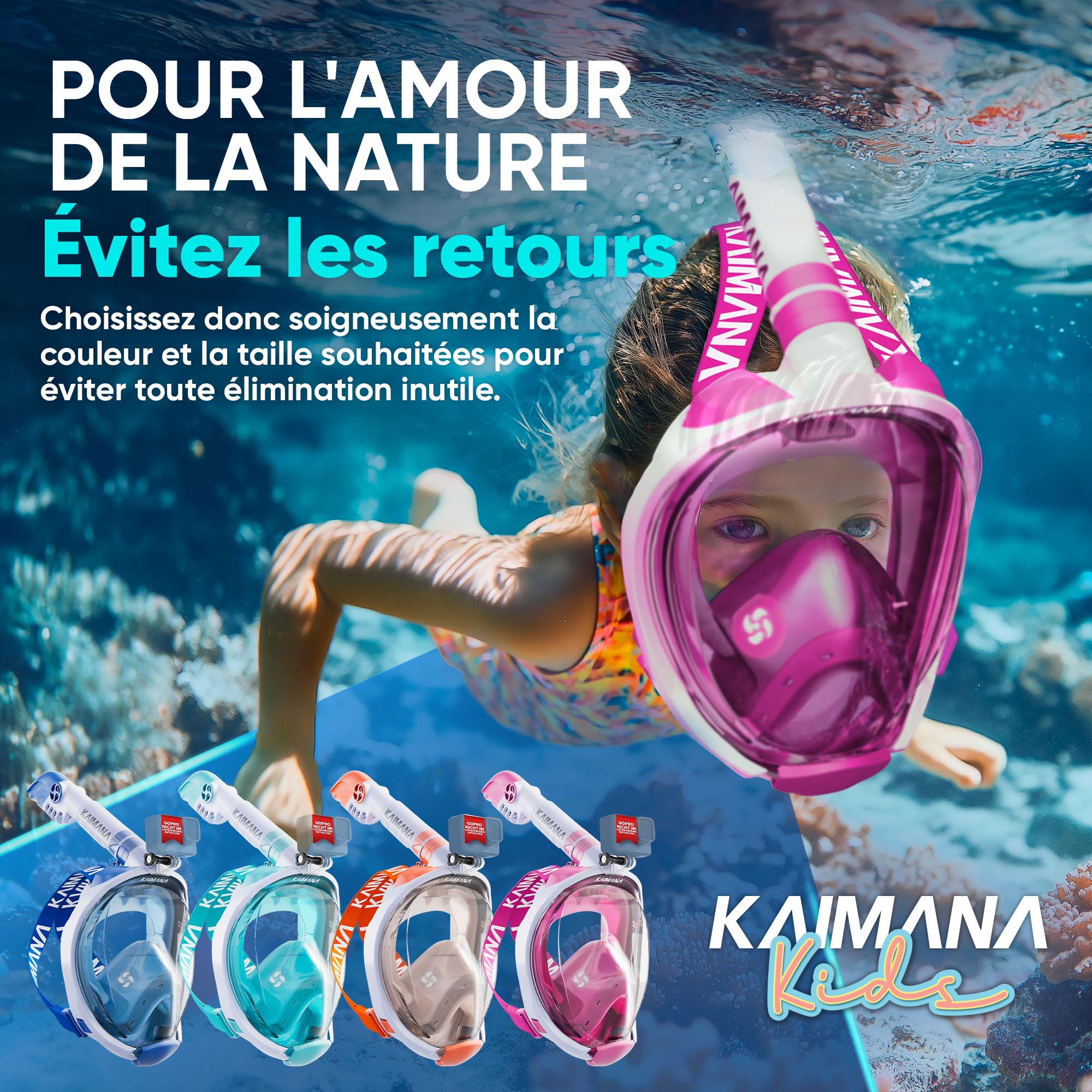 KAIMANA® Masque Plongée Adultes et Enfantes | Snorkeling Intégral Anti-Buée CO2 Safe | Tuba Adulte | Sac de Transport Inclus