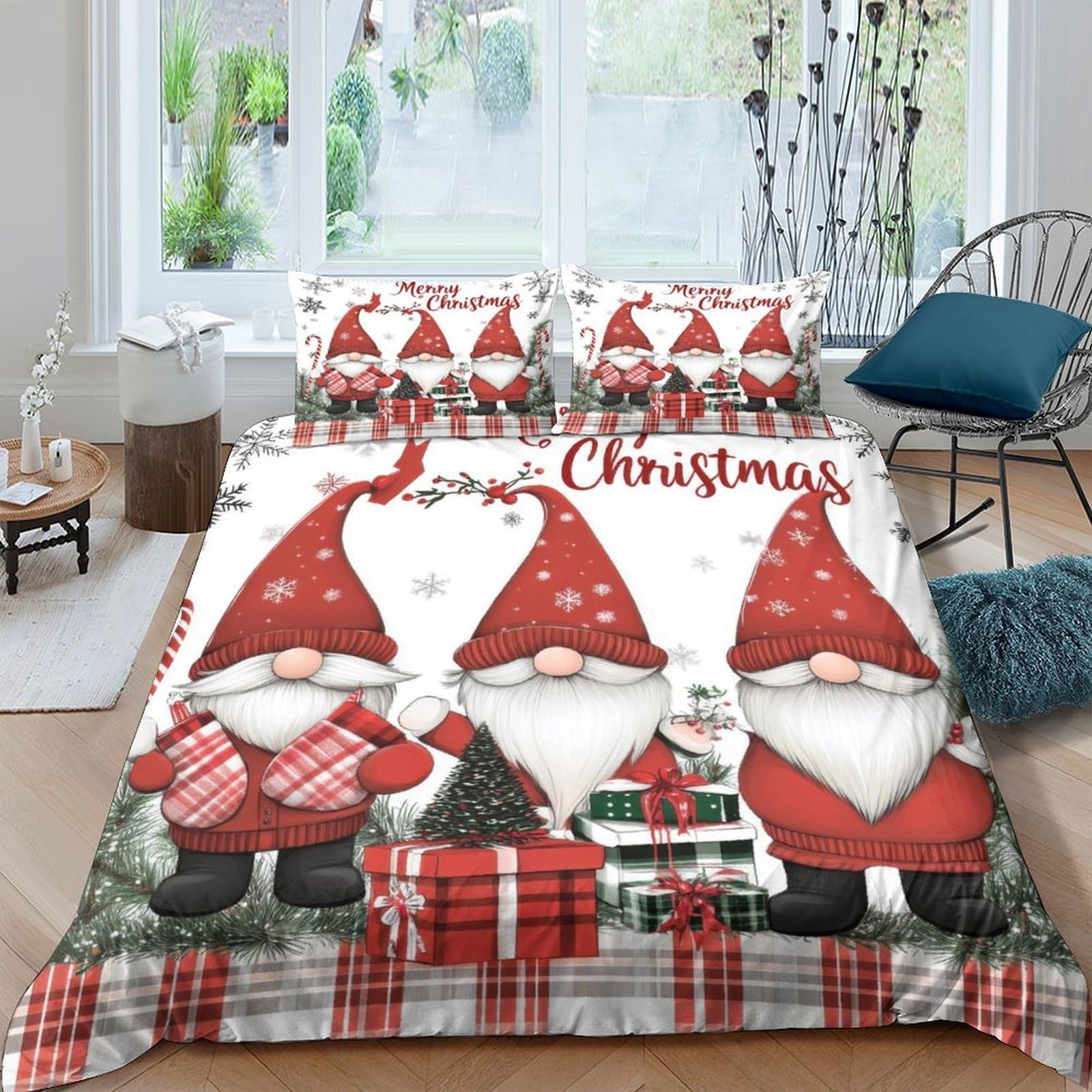 Ctjqhvkz Style-9 3D Printed Christmas Gnome Fitted Sheet Microfiber Red Plaid Gift Bed Cover For Bedroom Guest Room Holiday Decor Single（135X200cm）