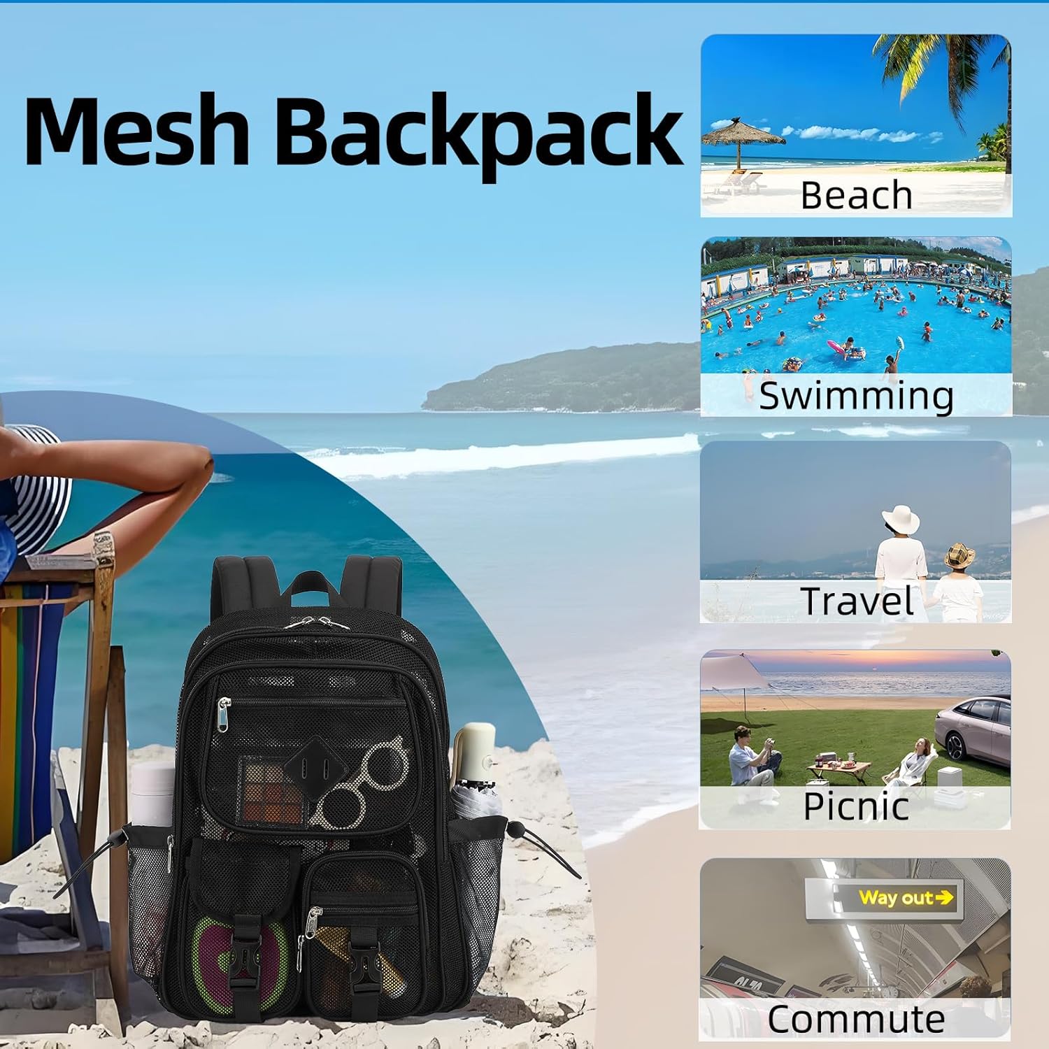 Black Mesh Backpack for Girls Boys, Mesh Bookbags Heavy Duty Semi-Transparent School Bag for College, Travel, Beach, Swimming, Sports - Image 3