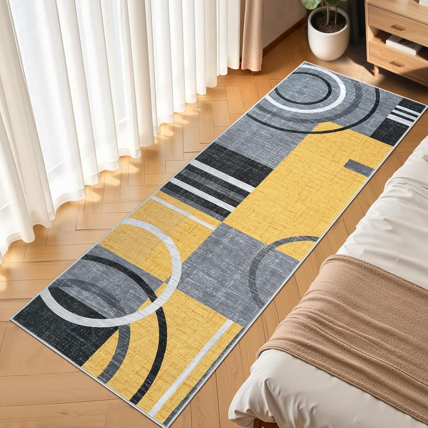 GarveeHome Washable Runner Rug 2x6 Modern Circle Rugs Runner Non Slip Low Pile Rug for Hallway Soft Long Rugs Indoor Floor Carpet for Kitchen Bedroom Entryway, Yellow