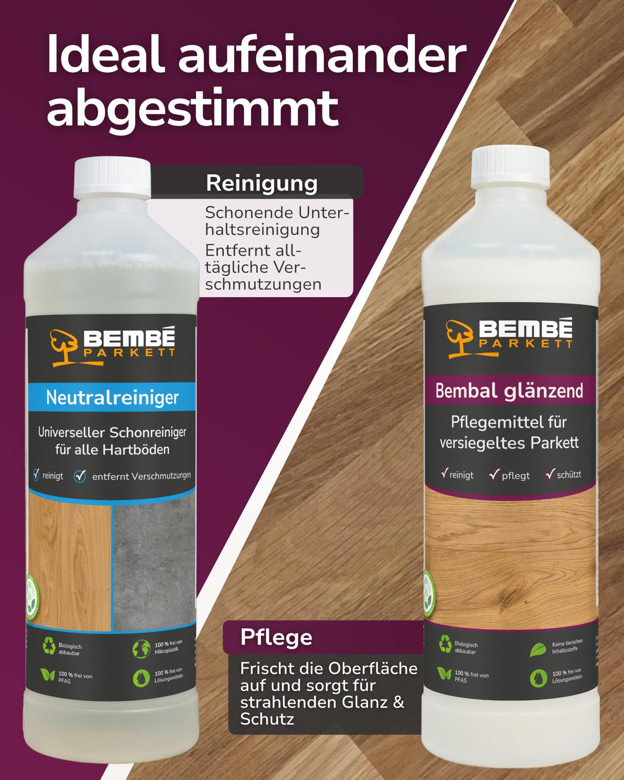 Bembé Parkett Pflege Set I Bembal glänzend 2L + Neutralreiniger 1L I Parkettpflege für versiegeltes Parkett reinigt & schützt I Bodenreiniger pH neutral & streifenfrei I wasserabweisender Pflegefilm