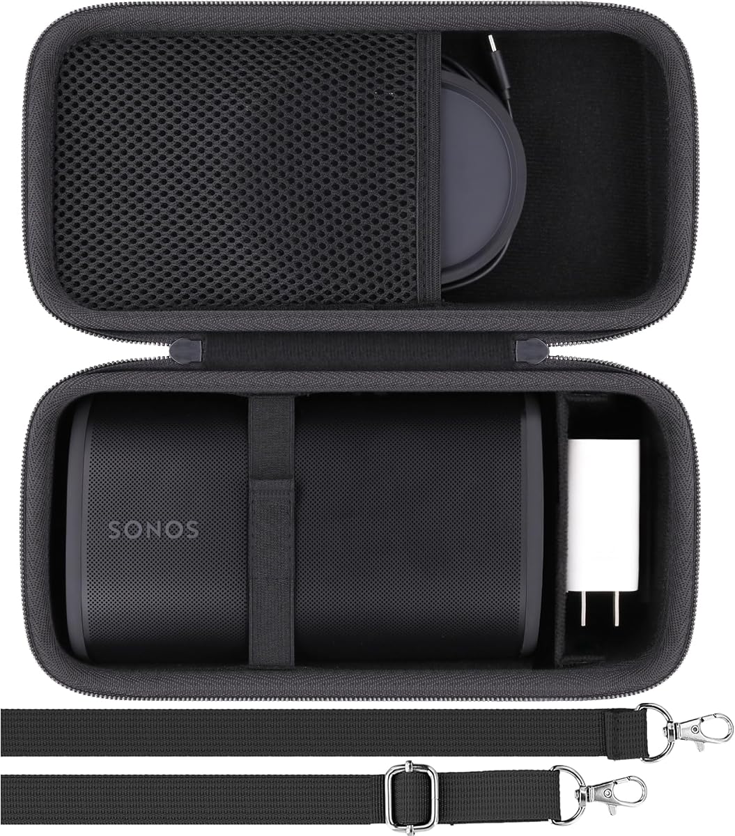 Khanka Estuche rígido de viaje para altavoz y cargador Bluetooth Sonos Play, negro | Carcasa rígida de EVA, bolsillo de malla para almacenamiento de accesorios, almacenamiento portátil listo para viajar, portabilidad con correa de mano, solo estuche protector