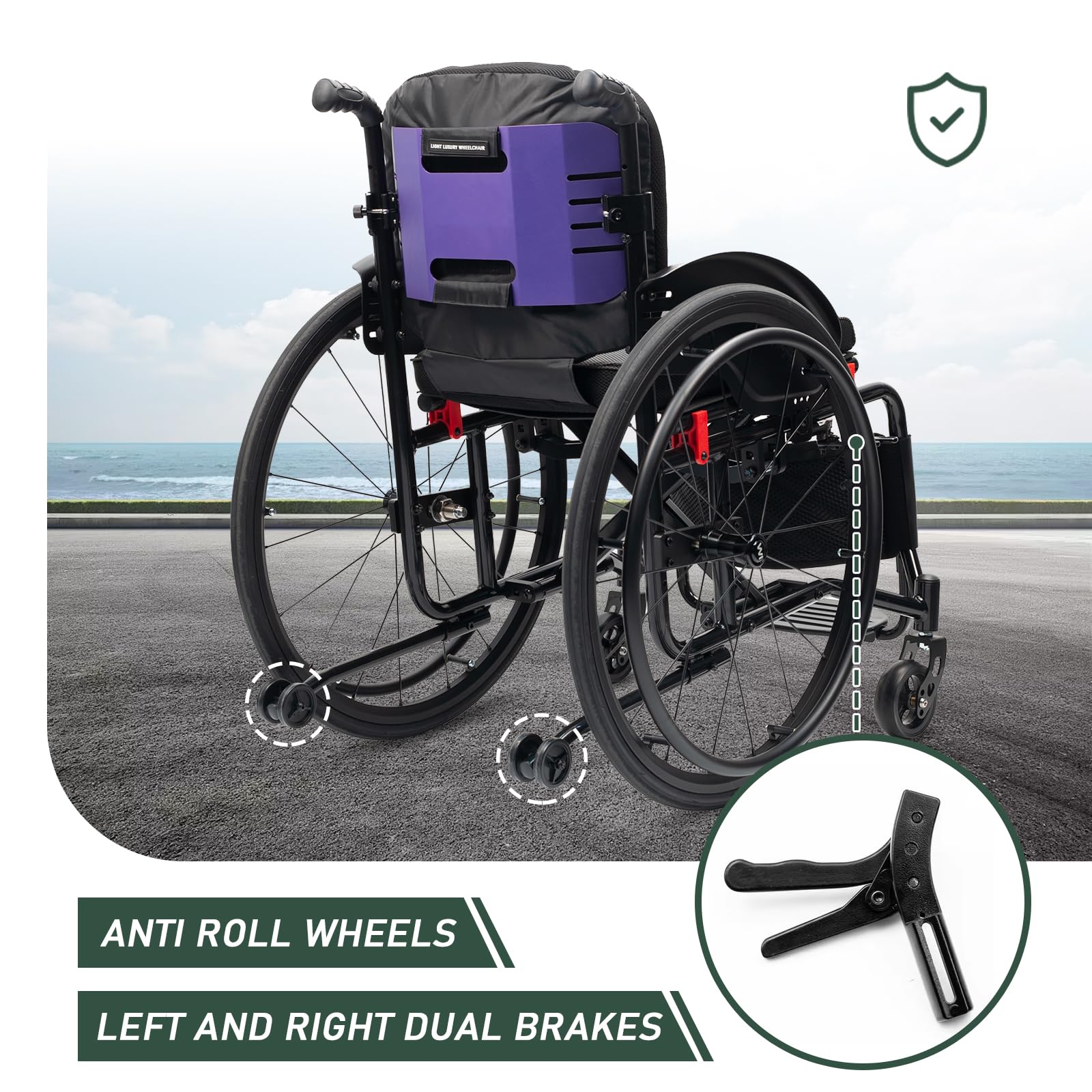 Sedia a rotelle manuale super leggera, pieghevole, con struttura in alluminio,Sedia a Rotelle Sport All'Aria Aperta,Sedia A Rotelle in Lega di Alluminio,freni a mano(Seat width 38cm/15 inches,Blue bac