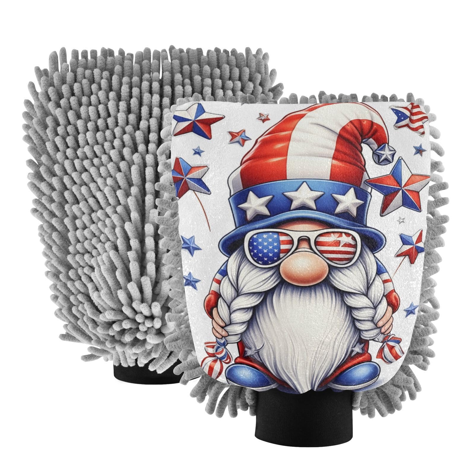 STAYTOP Independence Day Cute Gnome Car Wash Mitt Microfiber, 2Pcs Scratch Free Lint-Free, Premium Chenille Microfiber Mitt Car Wash Brush-M
