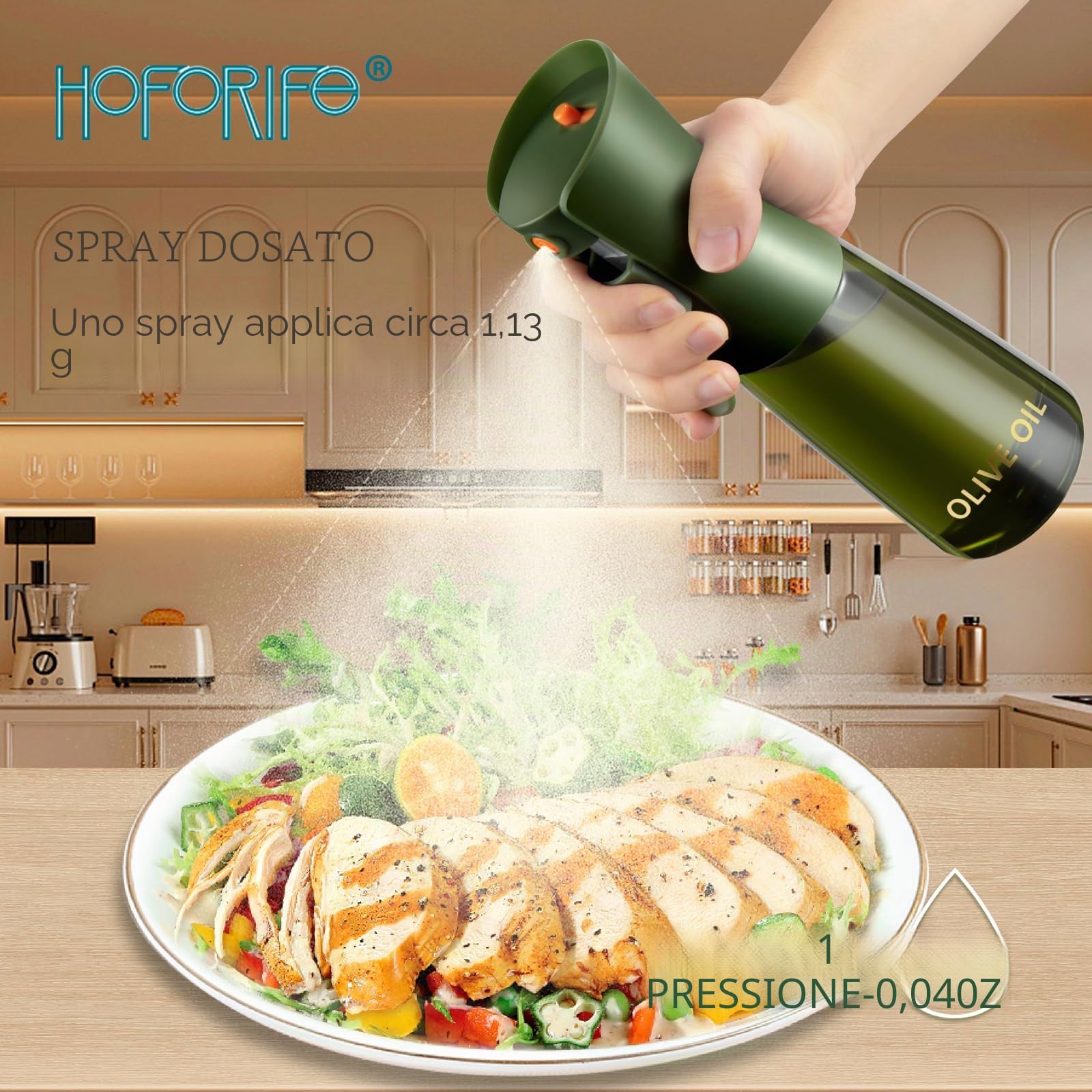 Spray per Olio in Vetro per Friggitrice ad Aria e Cucina, Vaporizzatore d’Olio con Controllo delle Porzioni per Airfryer, Cucinare e Cuocere al Forno – Verde oliva, 225 ml