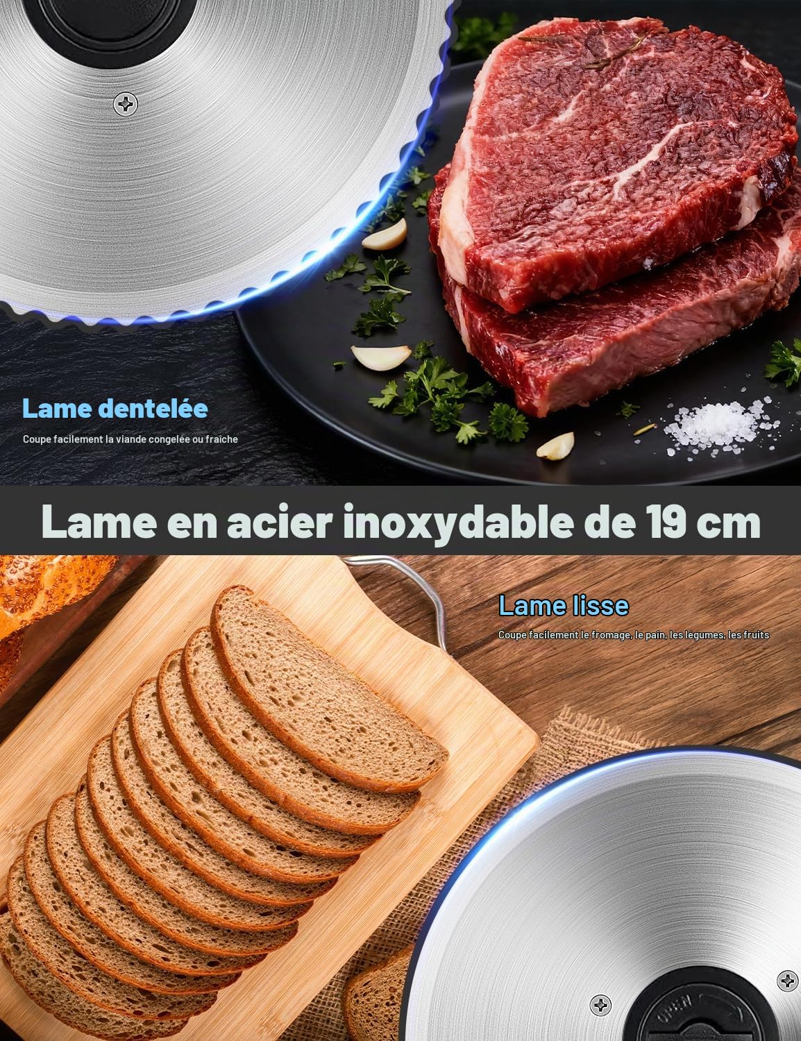 Trancheuse Électrique 200W Moteur DC Silencieux, 2 Lames Inox 19cm Amovibles, Épaisseur Réglable 0-15mm, Multifonction pour Jambon Viande Pain Fromage Légumes