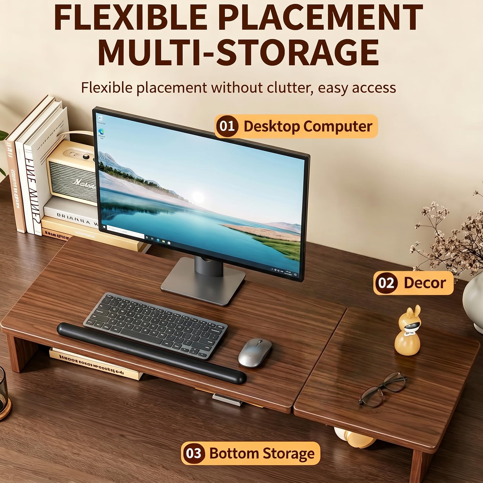 Supporto per computer portatile regolabile in altezza a 5 livelli, 2 in 1, con ripiano separato, supporto per laptop in effetto legno, supporto ergonomico per notebook per casa e studio, 51,5 x 24 cm