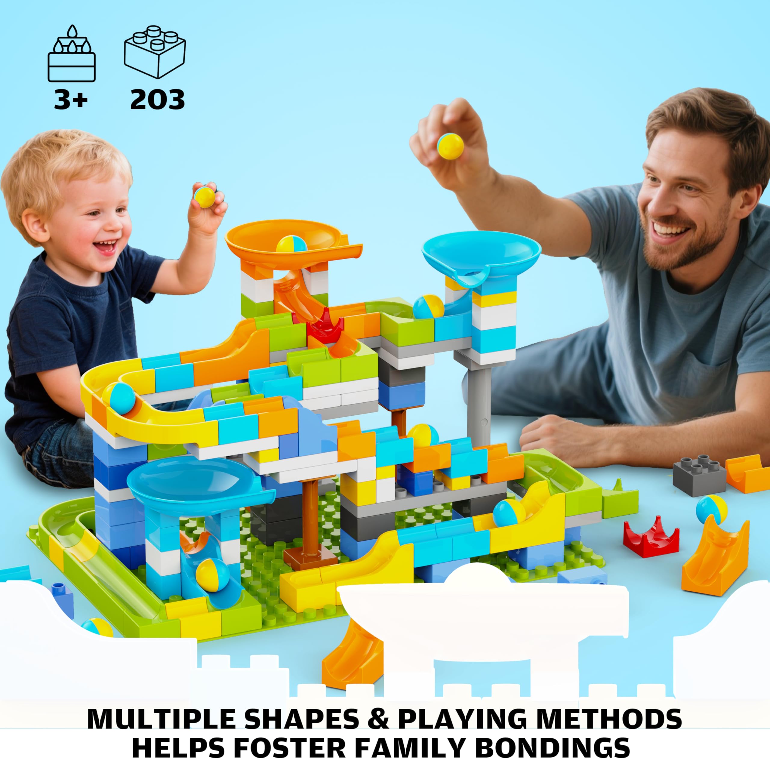 3in1 Marble Runs for Kids 3-5, 203pcs Compatible with Lego DUPLOS for Age 2-5, Marble Runs for Kids 4-8, STEM Building Toys, Toddler Toy, Marble Track, Marble Run Toy, Montessori Toy Gift for Age 3+