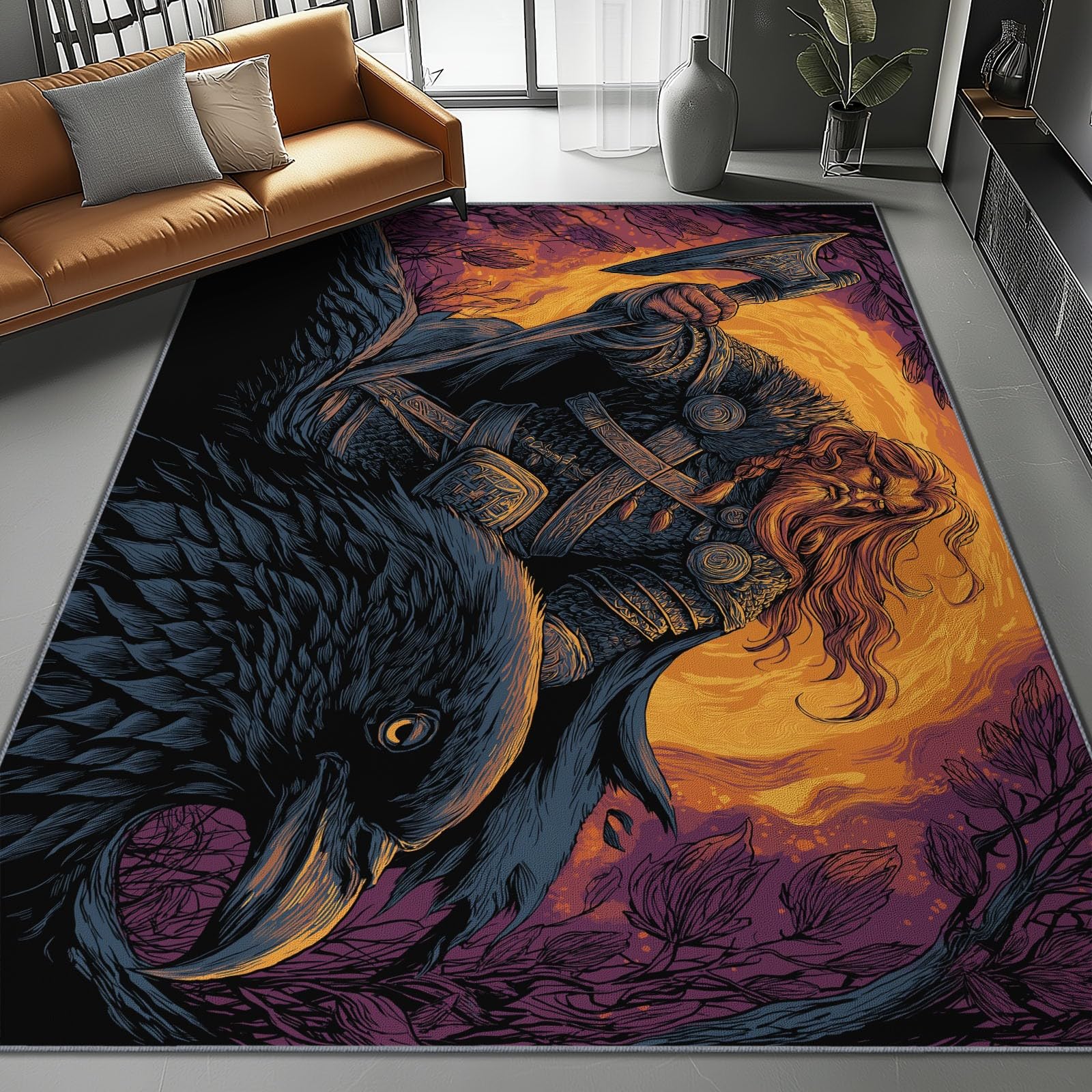 Vloerkleed 160 x 230 cm wasbaar woonkamertapijt, antislip, zacht tapijt, laagpolig, donker fantasie, Viking Warrior print, vloertapijt voor woonkamer, slaapkamer, thuiskantoor, eetkamer, keuken