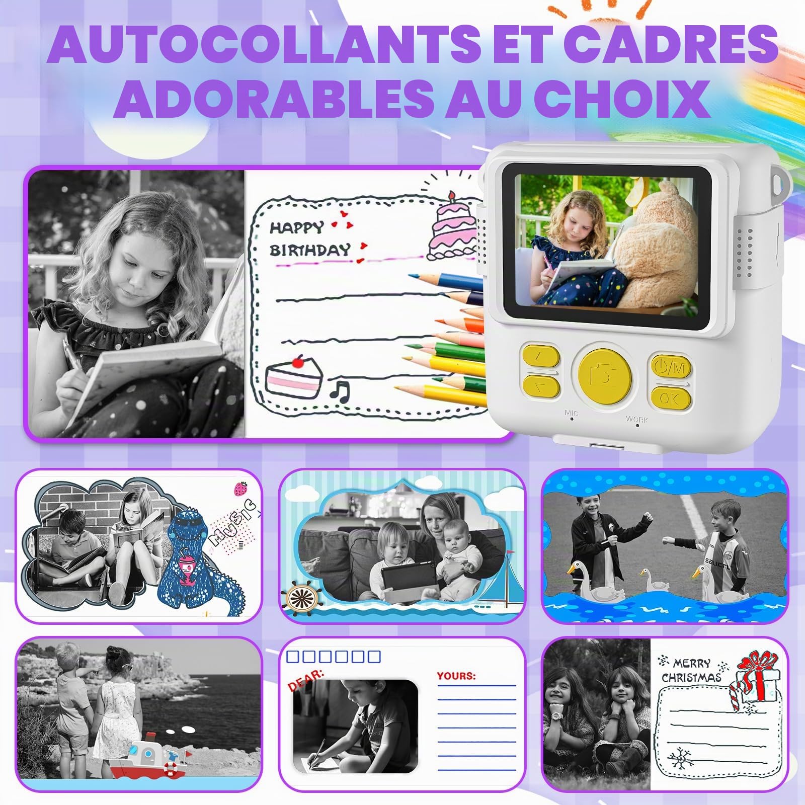 Appareil Photo Instantané Enfants, 1080P HD Appareils Photo Numériques Instantanés, 2.4'' Écran Appareil Photo Enfants avec Papier d'impression & Carte 32GB, Cadeau pour Filles Garçons 3-12 Ans