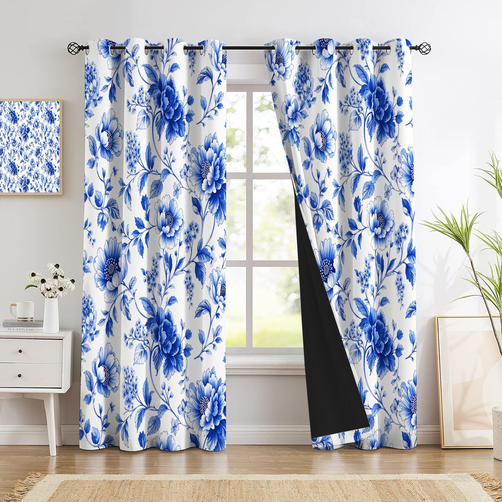 Rideau de salon bleu royal avec fleurs de porcelaine blanche - Lot de 2 rideaux à oeillets 140x160 cm