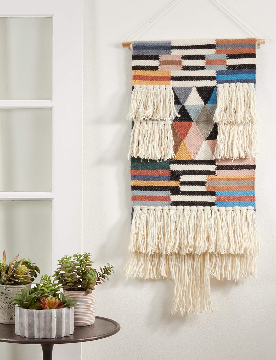 SARO LIFESTYLE Bohem Collection Textured Woven Wall Hanging with Fringe Design, 18" x 40", Multi