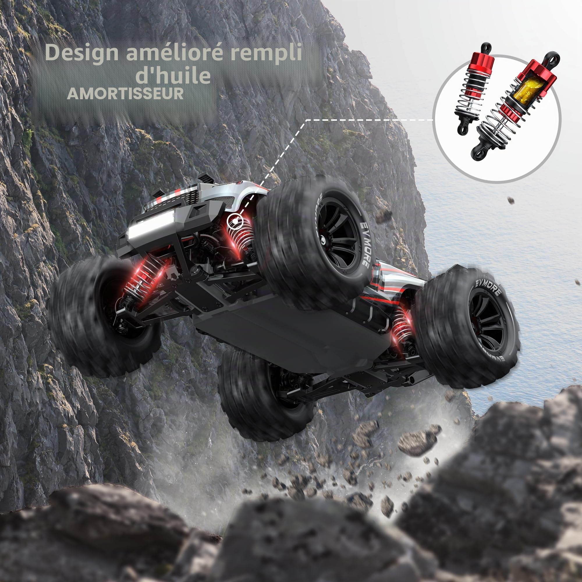 Evmore Voiture Télécommandée 1:16 4WD, 2,4 GHz RC Voiture Haute Vitesse Moteur sans Balais 70 km/h, 4x4 Tout Terrain Télécommande Étanche Véhicule Électrique RTR Jouets avec 2S Batteries pour 40mins