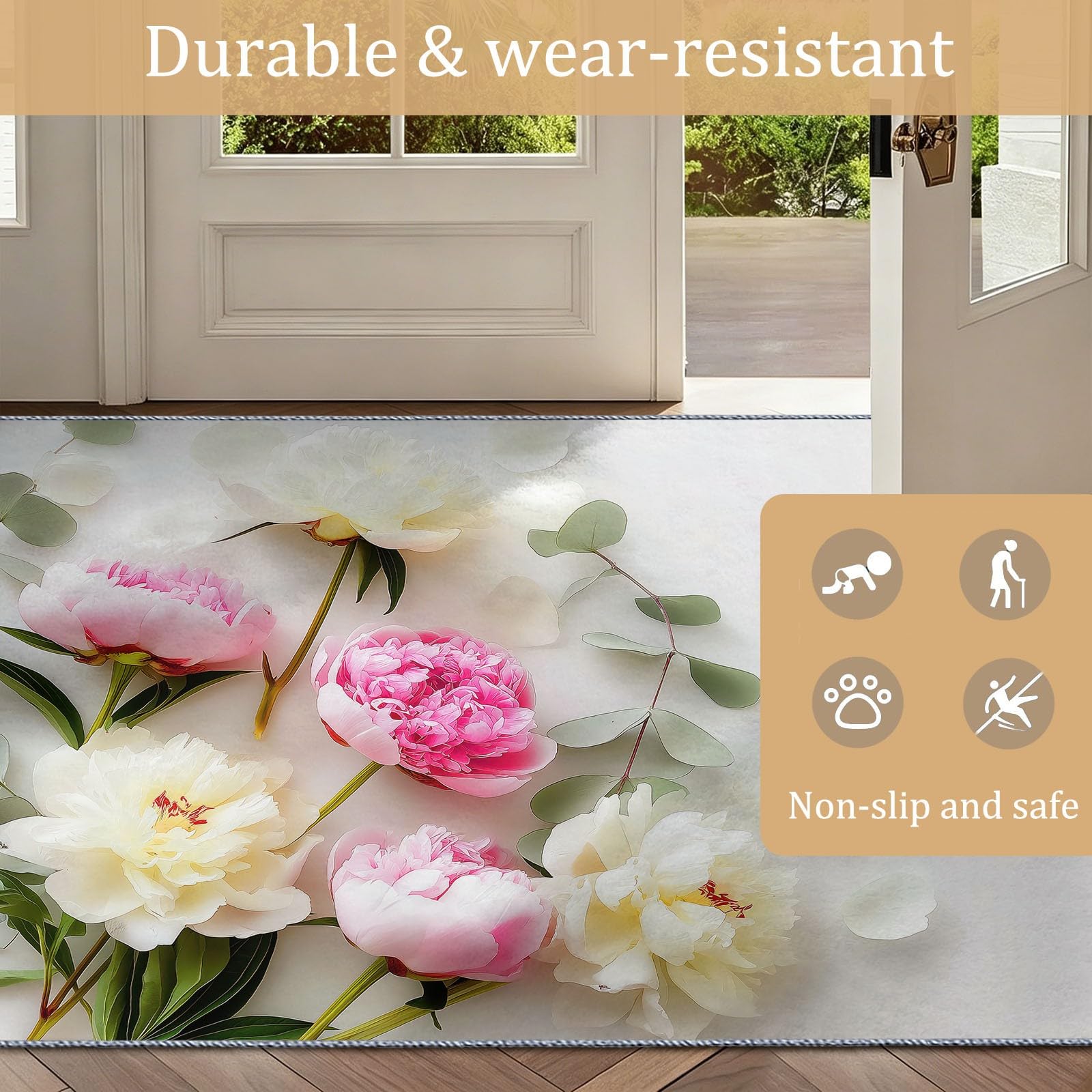Générique Tapis Botanique Pivoine Feuille Verte 140 x 200 cm - Tapis Salon Flowers Minimalisme Esthétique Chambre - Moquette Antidérapant Lavable Doux à Poils Ras - Décoration Intérieure