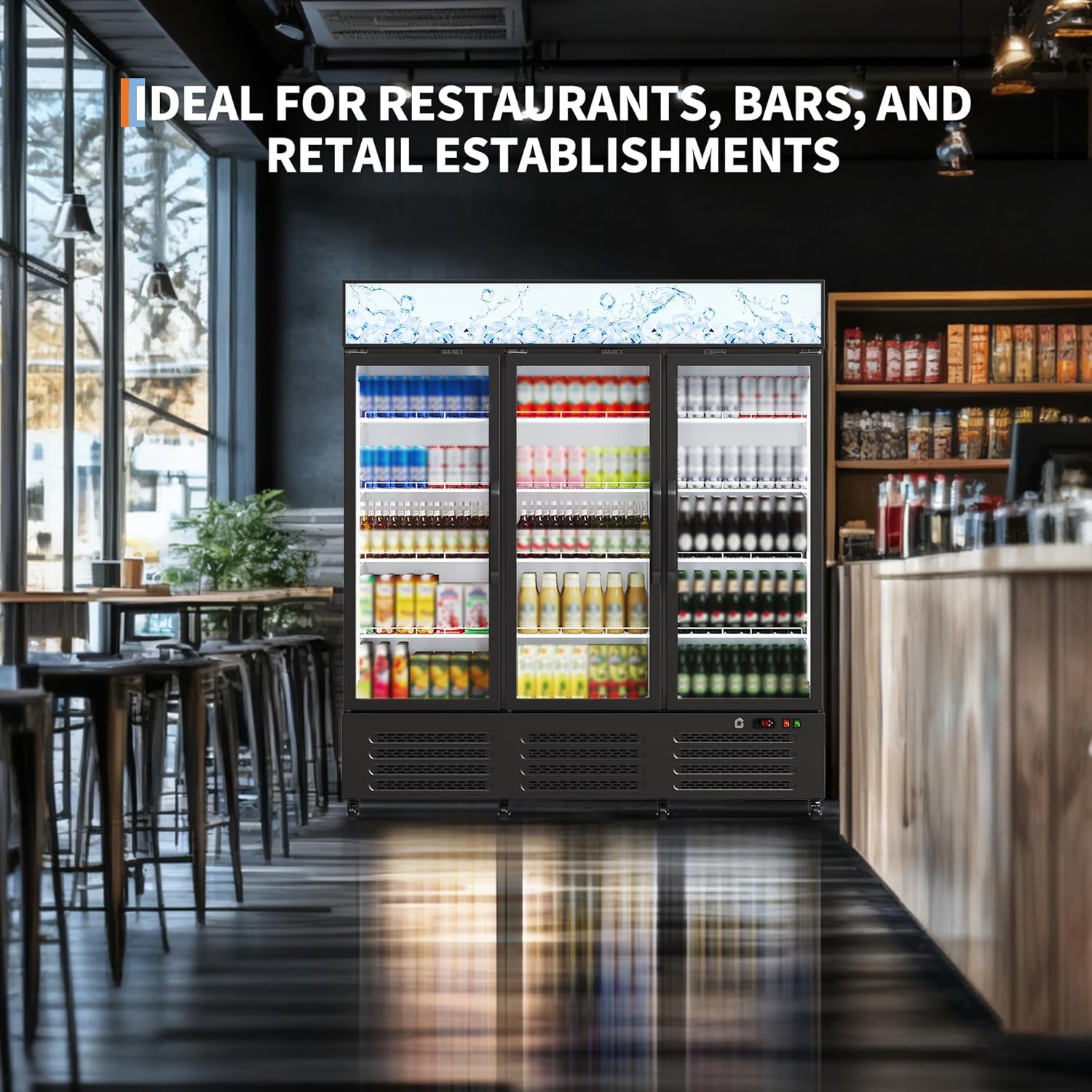 Commercial Beverage Refrigerator, 39/40 Cu.ft - 3 Glass Door Merchandiser Cooler - 360° Circulation Cooling, Adjustable Shelves, LED Lighting, Frost-Free, Heavy-Duty Castors, Energy Efficient, Black