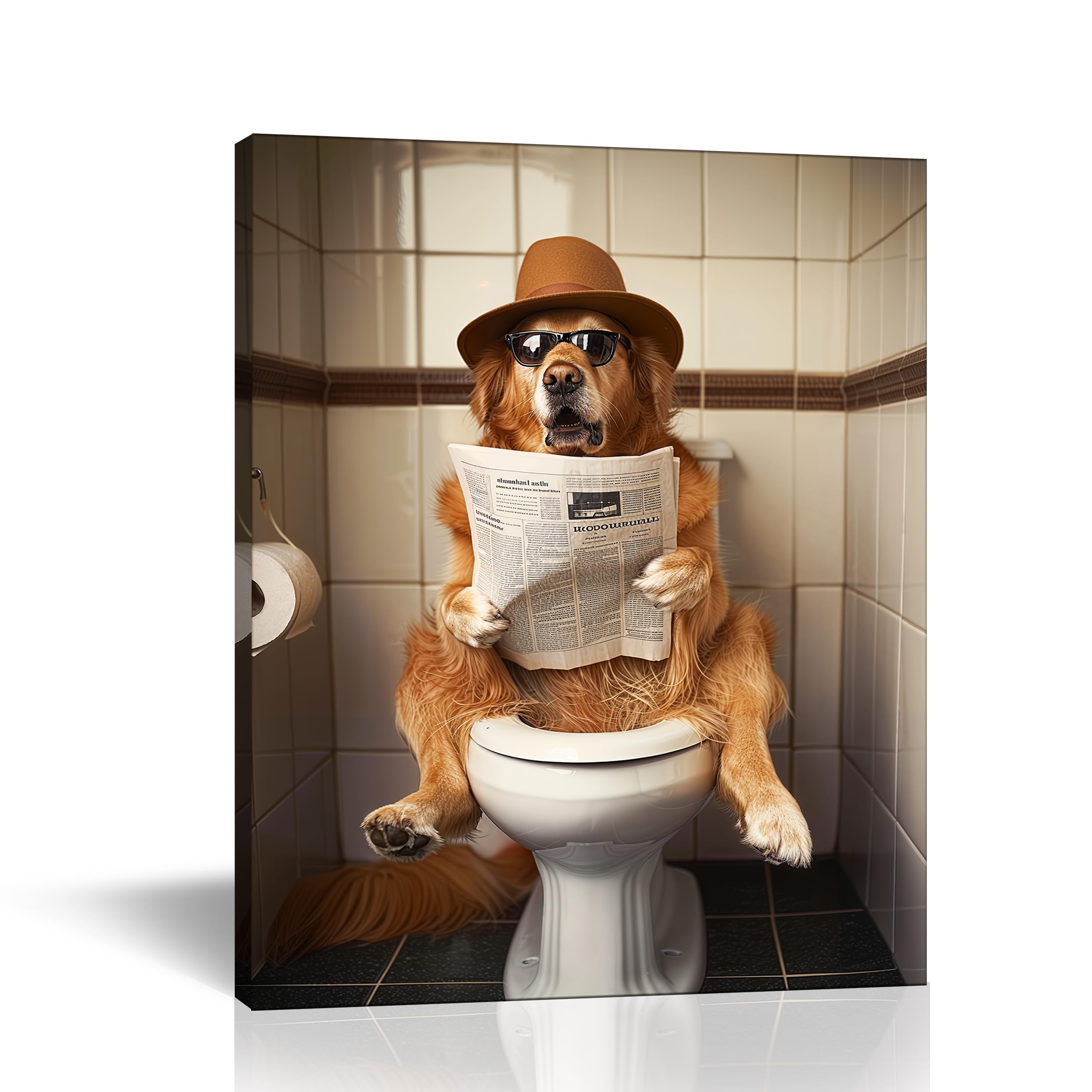 Golden Retriever Bathroom Decor, Hilarious Toilet Reading Poster, Funny Dog Wall Art, Amusing Bathroom Humor Print, Animal Wall Art (Framed-12x16 inch)